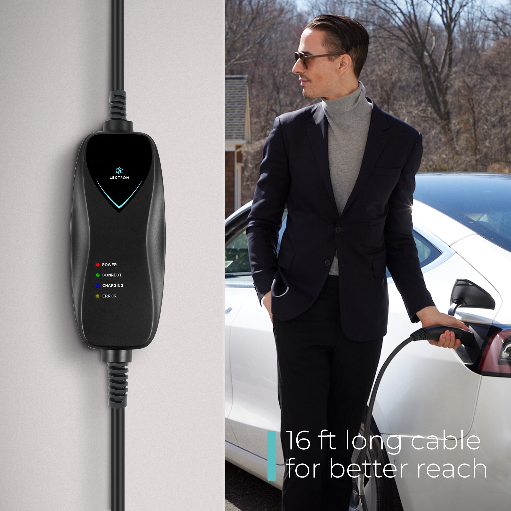 Estación de carga portátil para vehículos eléctricos Tesla controlada por aplicación - Nivel 1 con enchufe NEMA 5-15p para todos los modelos - hasta 15 Amperios/110 Voltios con cable de 16 pies