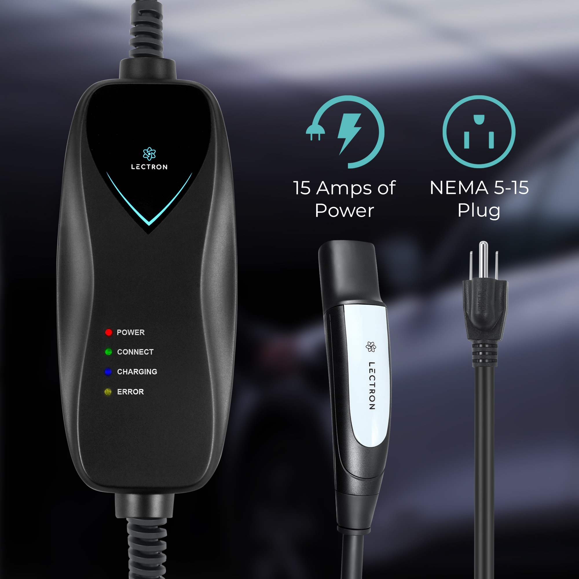 Estación de carga portátil para vehículos eléctricos Tesla controlada por aplicación - Nivel 1 con enchufe NEMA 5-15p para todos los modelos - hasta 15 Amperios/110 Voltios con cable de 16 pies