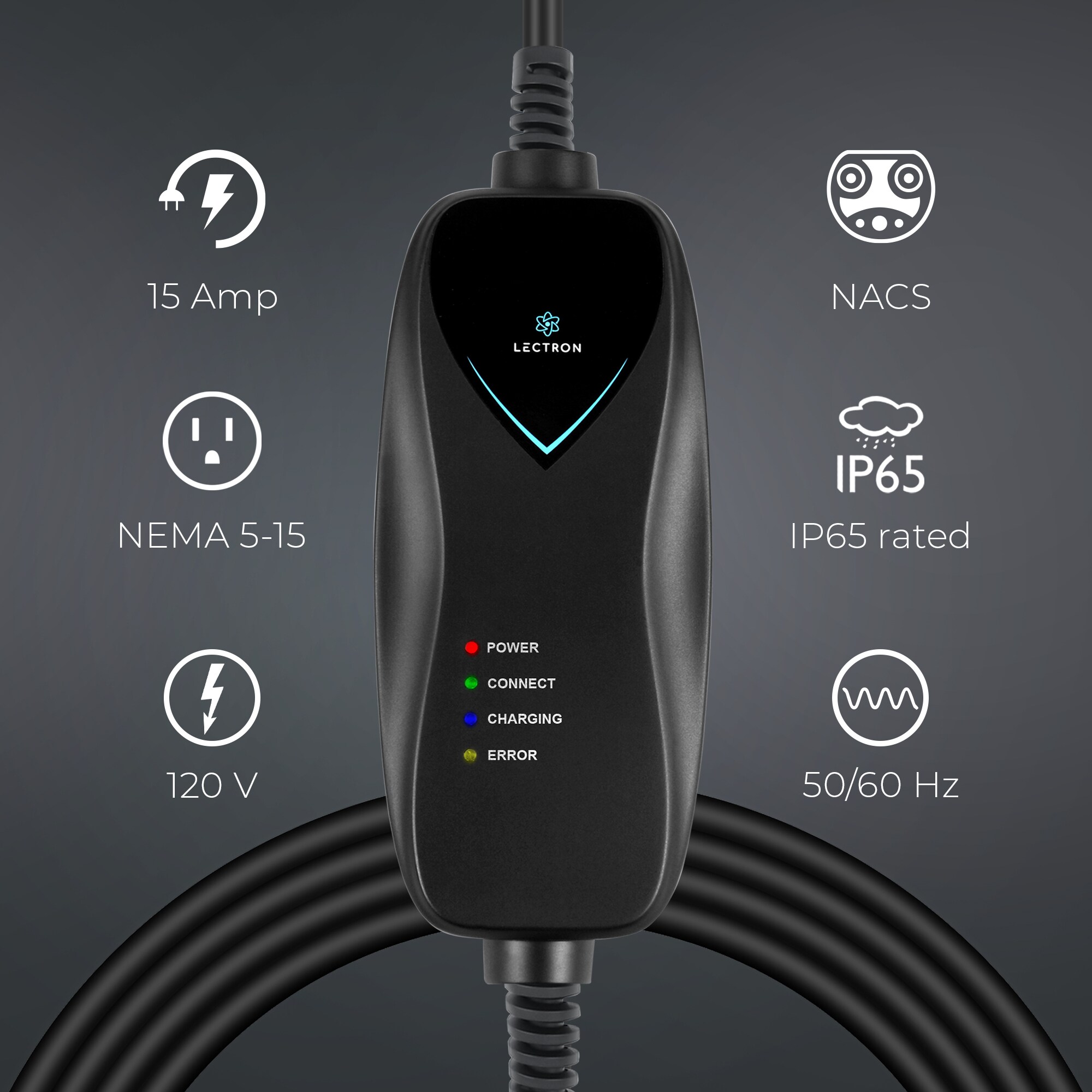 Estación de carga portátil para vehículos eléctricos Tesla controlada por aplicación - Nivel 1 con enchufe NEMA 5-15p para todos los modelos - hasta 15 Amperios/110 Voltios con cable de 16 pies