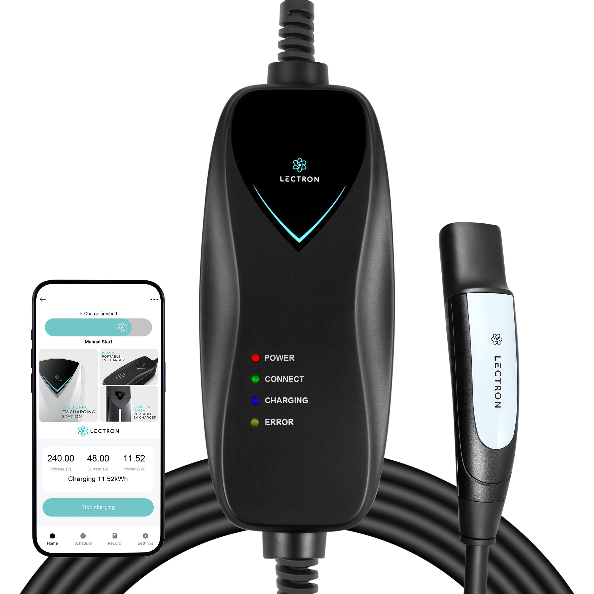 Estación de carga portátil para vehículos eléctricos Tesla controlada por aplicación - Nivel 1 con enchufe NEMA 5-15p para todos los modelos - hasta 15 Amperios/110 Voltios con cable de 16 pies