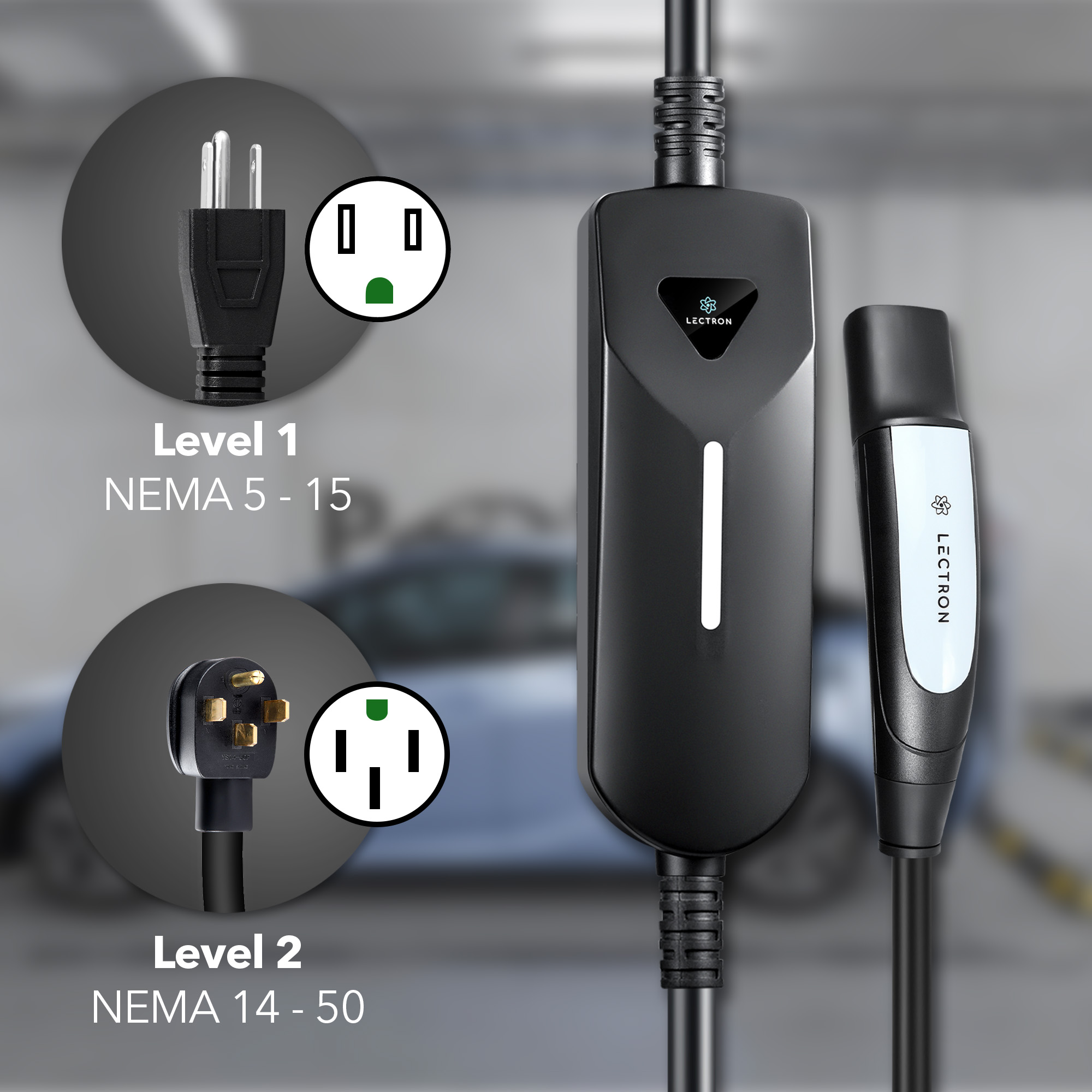Cargador portátil para vehículos eléctricos Lectron Tesla NACS nivel 1 y nivel 2 con enchufe NEMA 5-15p/14-50p - Estación de carga para vehículos eléctricos EV con cable de 16 pies hasta 40 amperios/240 voltios.