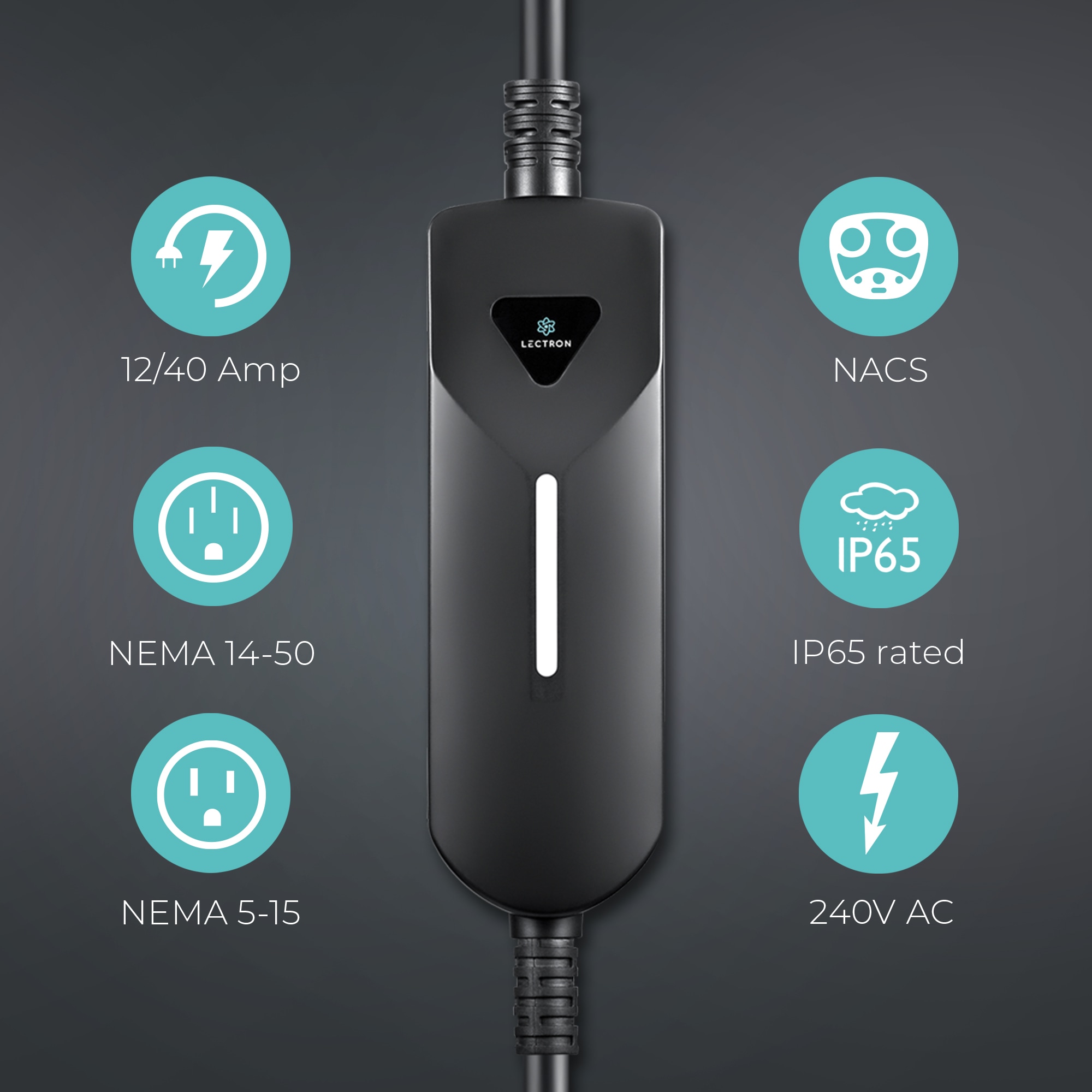 Cargador portátil para vehículos eléctricos Lectron Tesla NACS nivel 1 y nivel 2 con enchufe NEMA 5-15p/14-50p - Estación de carga para vehículos eléctricos EV con cable de 16 pies hasta 40 amperios/240 voltios.