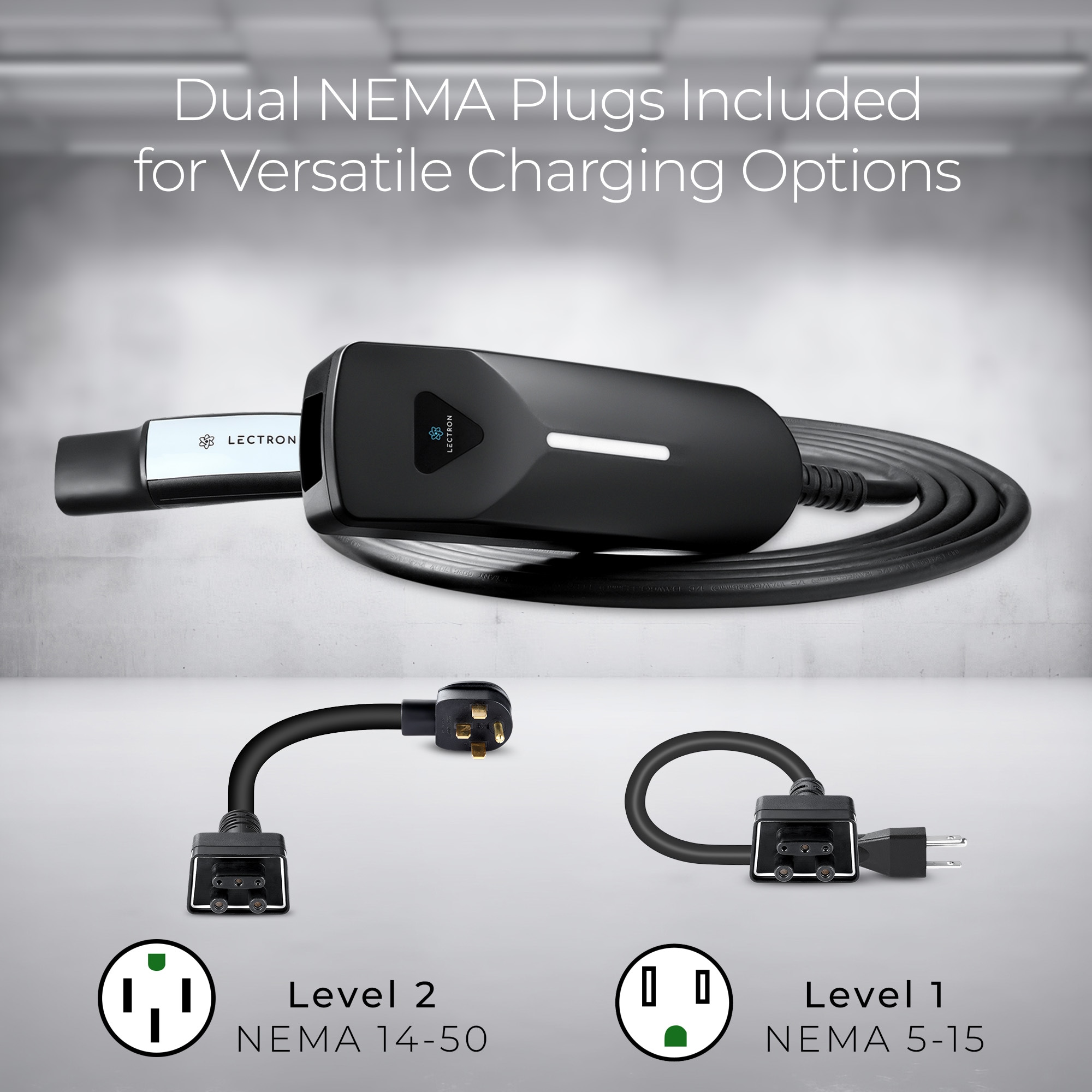 Cargador portátil para vehículos eléctricos Lectron Tesla NACS nivel 1 y nivel 2 con enchufe NEMA 5-15p/14-50p - Estación de carga para vehículos eléctricos EV con cable de 16 pies hasta 40 amperios/240 voltios.