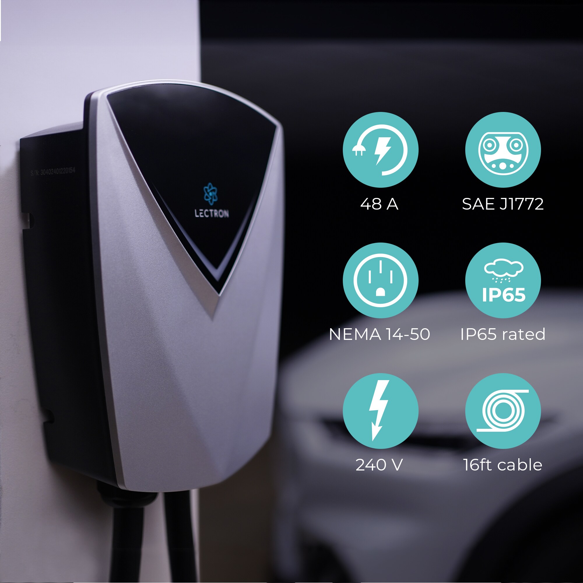 Cargador de Vehículos Eléctricos Lectron Tesla (NACS) V-Box Pro con Acceso a Aplicación Nivel 2 Toma NEMA 14-50p Estación de Carga para Vehículos Eléctricos- Hasta 48 Amperios/ 240 Voltios con Cable de 16 pies 4895230324066