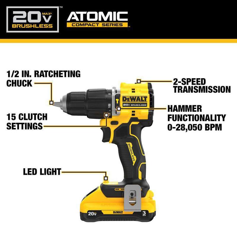 DEWALT ATOMIC 20V Taladro compacto de martillo inalámbrico de 1/2 pulgadas y lijadora de lámina sin escobillas de 1/4 de pulgada con batería de 3Ah y cargador - DCD799L1DCW200B