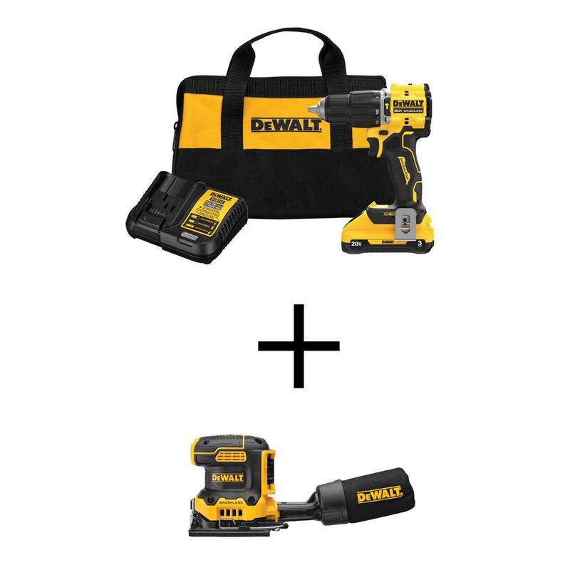 DEWALT ATOMIC 20V Taladro compacto de martillo inalámbrico de 1/2 pulgadas y lijadora de lámina sin escobillas de 1/4 de pulgada con batería de 3Ah y cargador - DCD799L1DCW200B