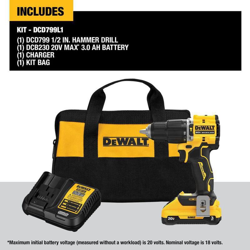 DEWALT ATOMIC 20V Taladro compacto de martillo inalámbrico de 1/2 pulgadas y lijadora de lámina sin escobillas de 1/4 de pulgada con batería de 3Ah y cargador - DCD799L1DCW200B