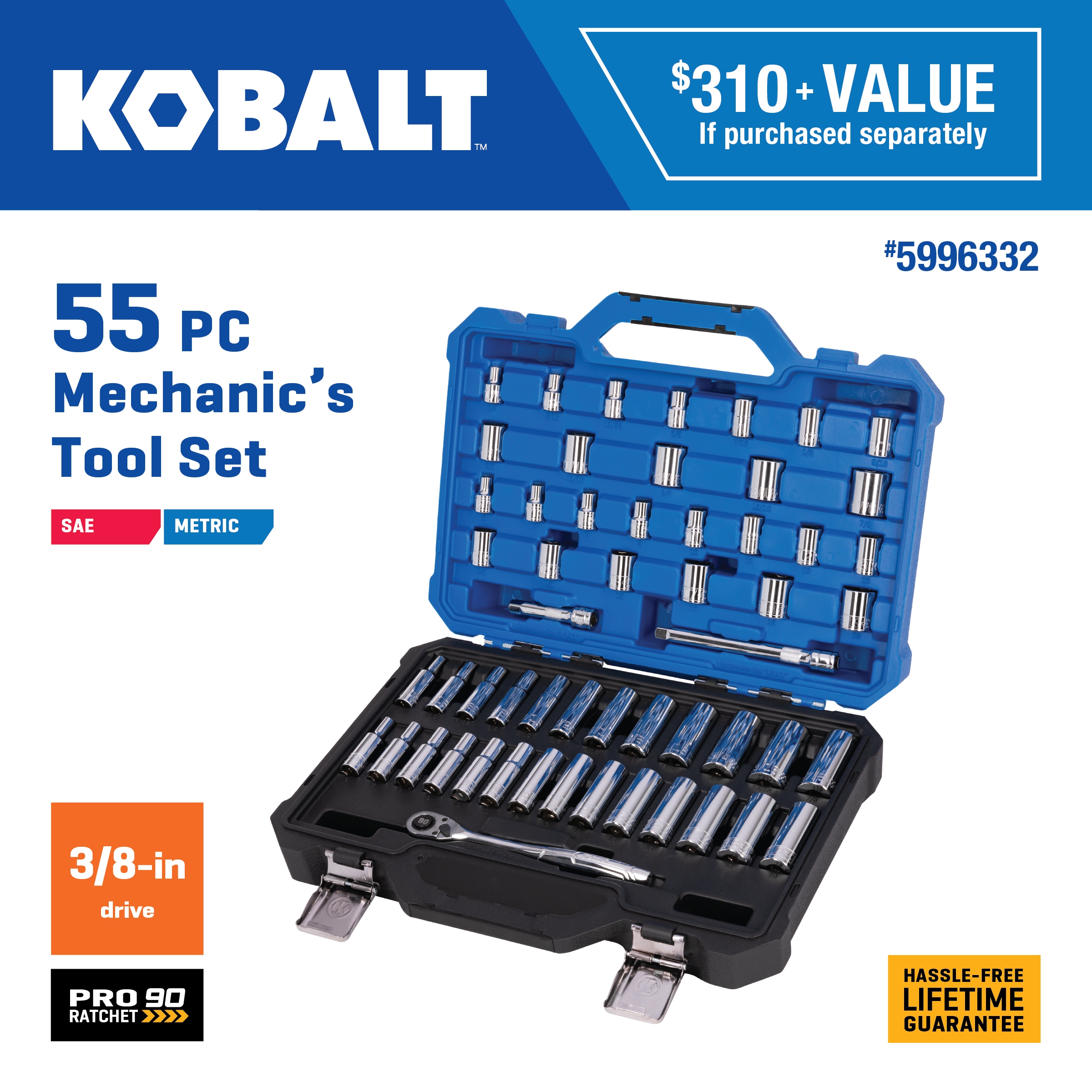 Set de herramientas mecánicas estándar (SAE) y métricas de cromo pulido de 55 piezas Kobalt con estuche rígido 53342
