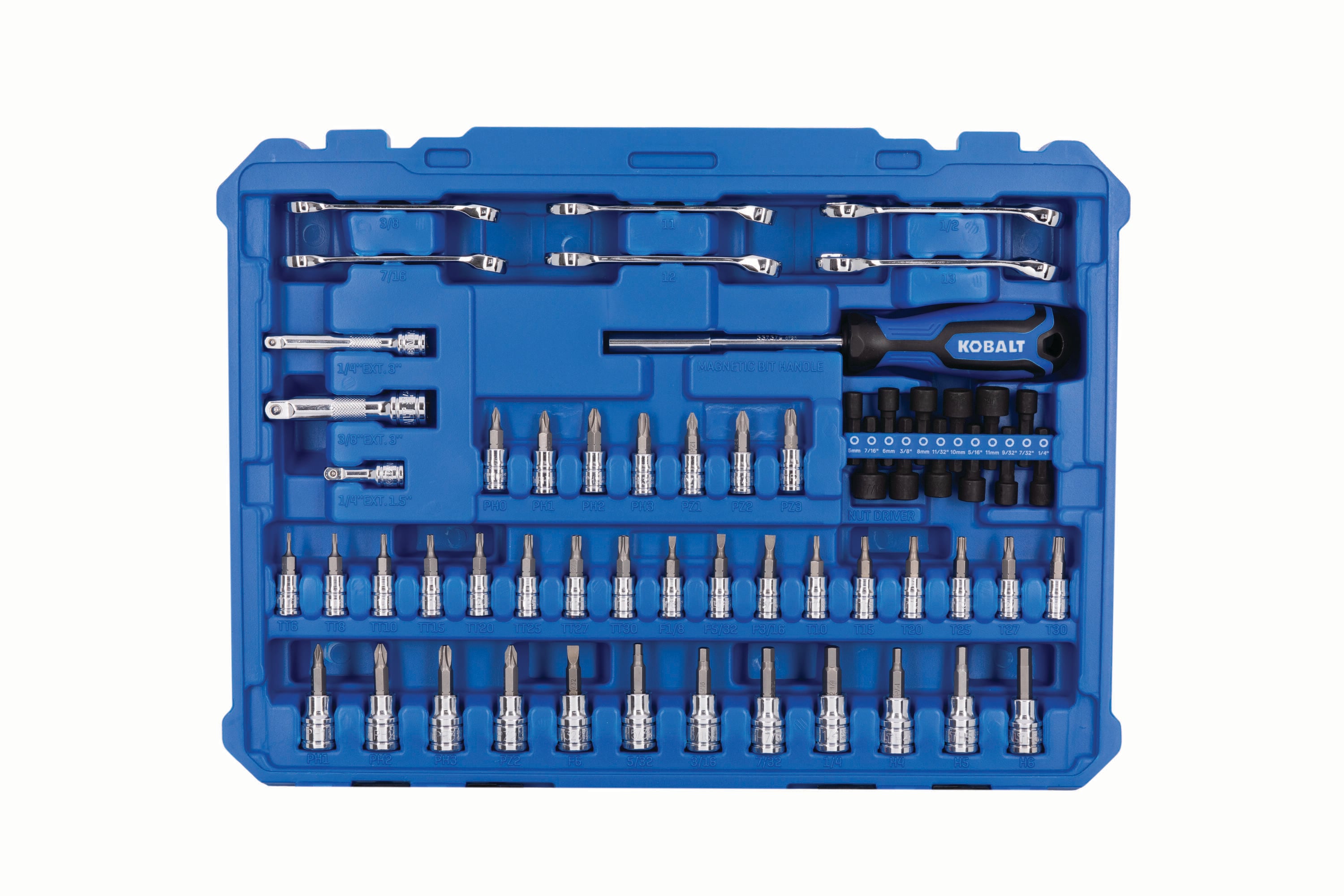 Juego de herramientas mecánicas estándar (SAE) y métricas de cromo pulido Kobalt de 297 piezas con estuche resistente 53414