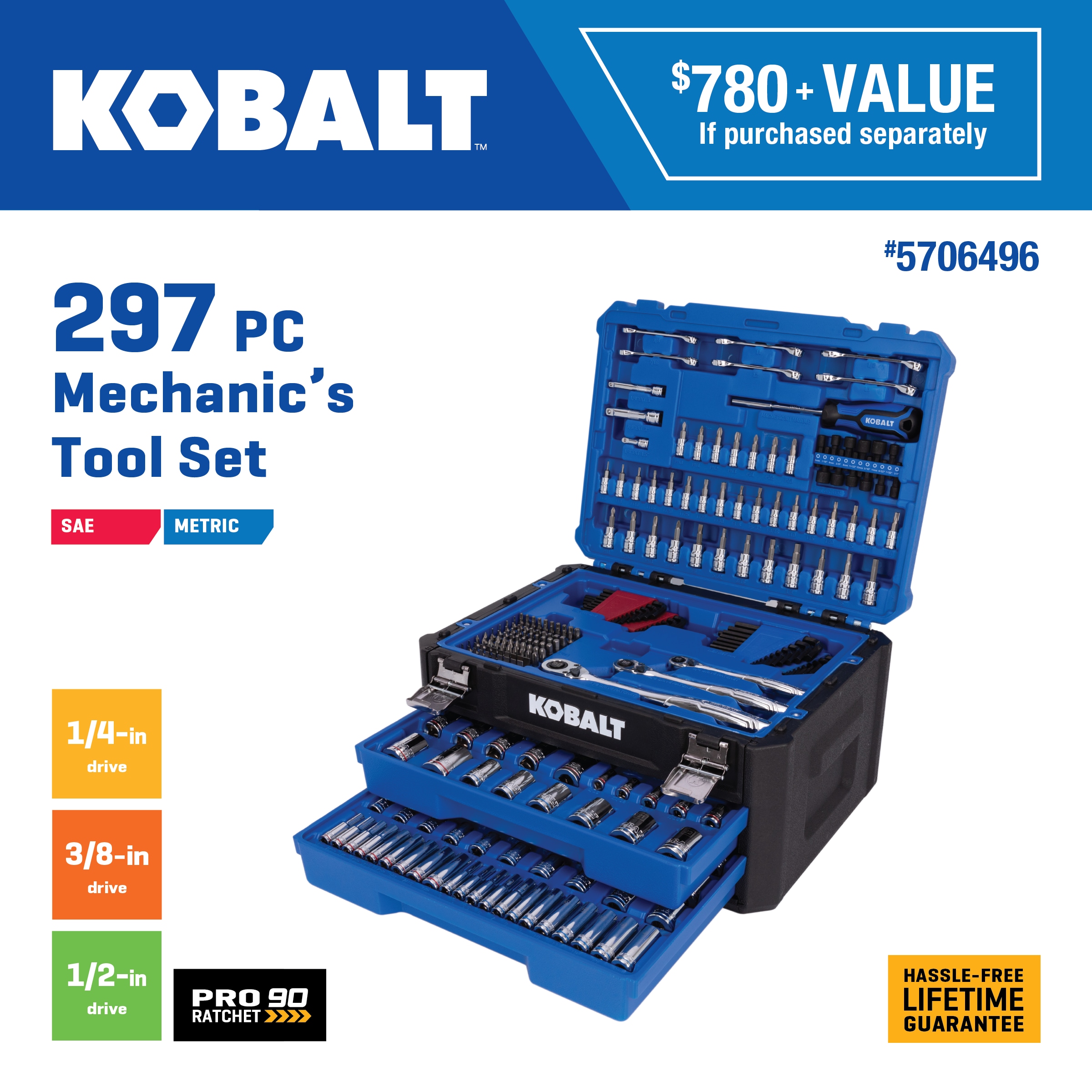 Juego de herramientas mecánicas estándar (SAE) y métricas de cromo pulido Kobalt de 297 piezas con estuche resistente 53414