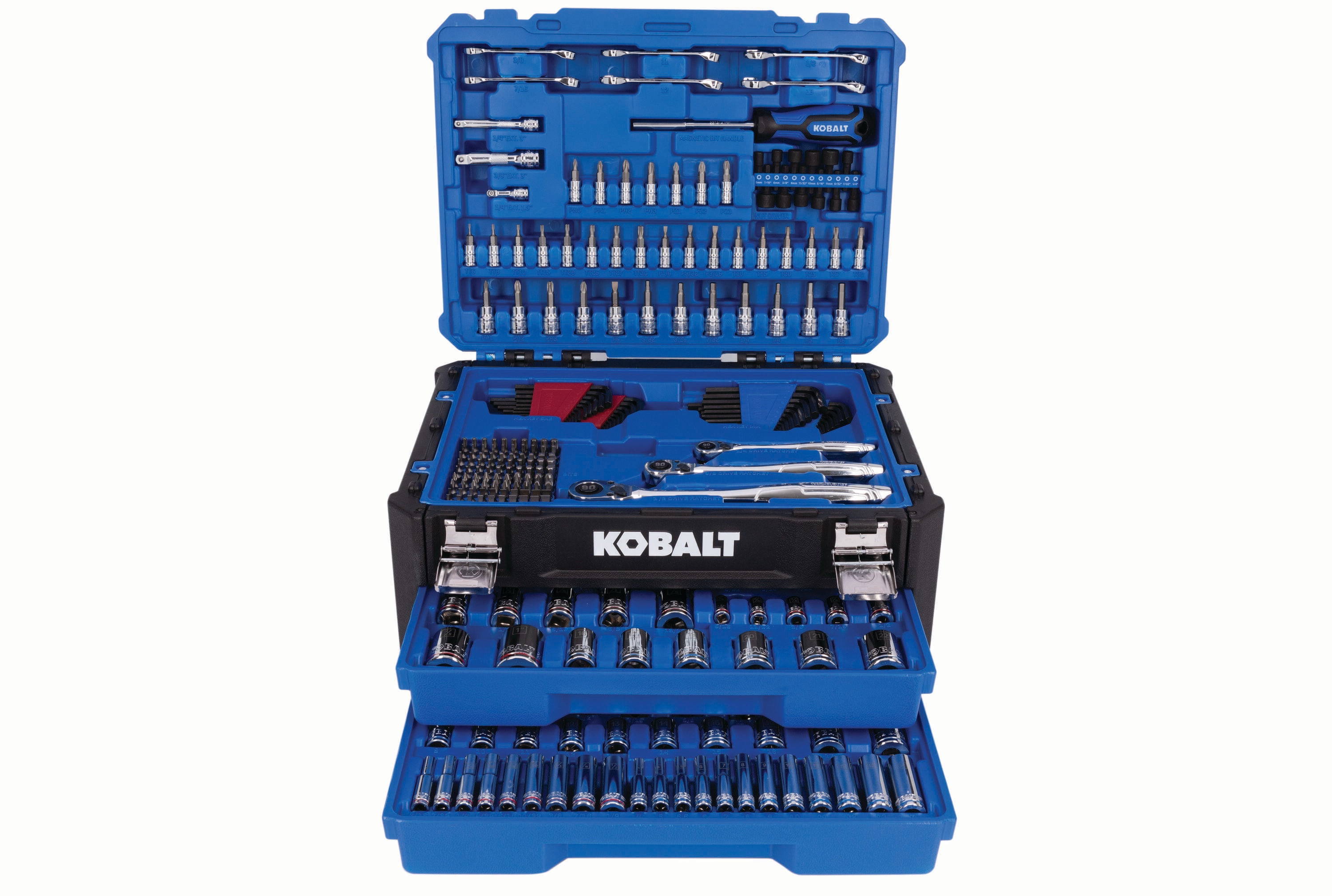 Juego de herramientas mecánicas estándar (SAE) y métricas de cromo pulido Kobalt de 297 piezas con estuche resistente 53414