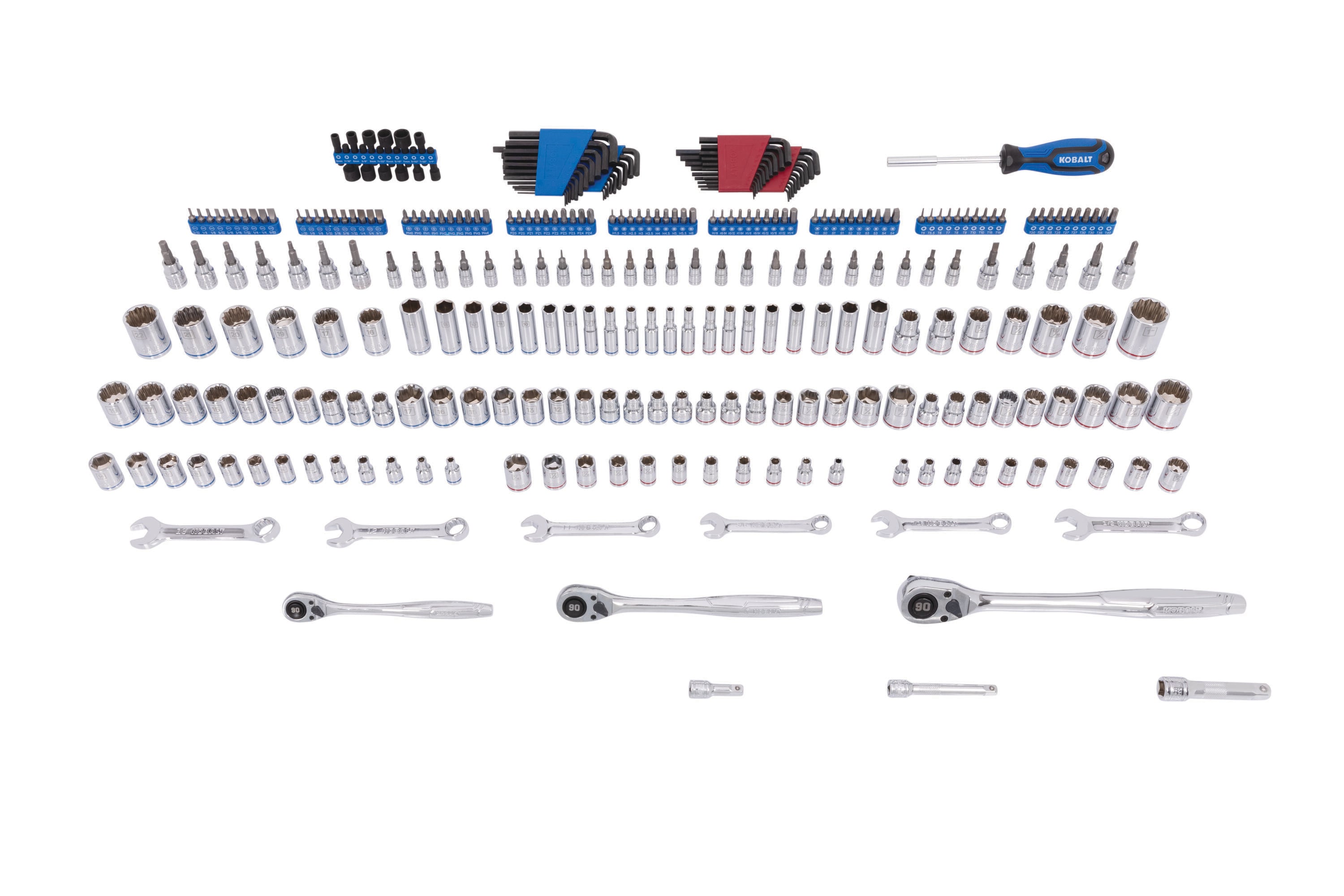 Juego de herramientas mecánicas estándar (SAE) y métricas de cromo pulido Kobalt de 297 piezas con estuche resistente 53414