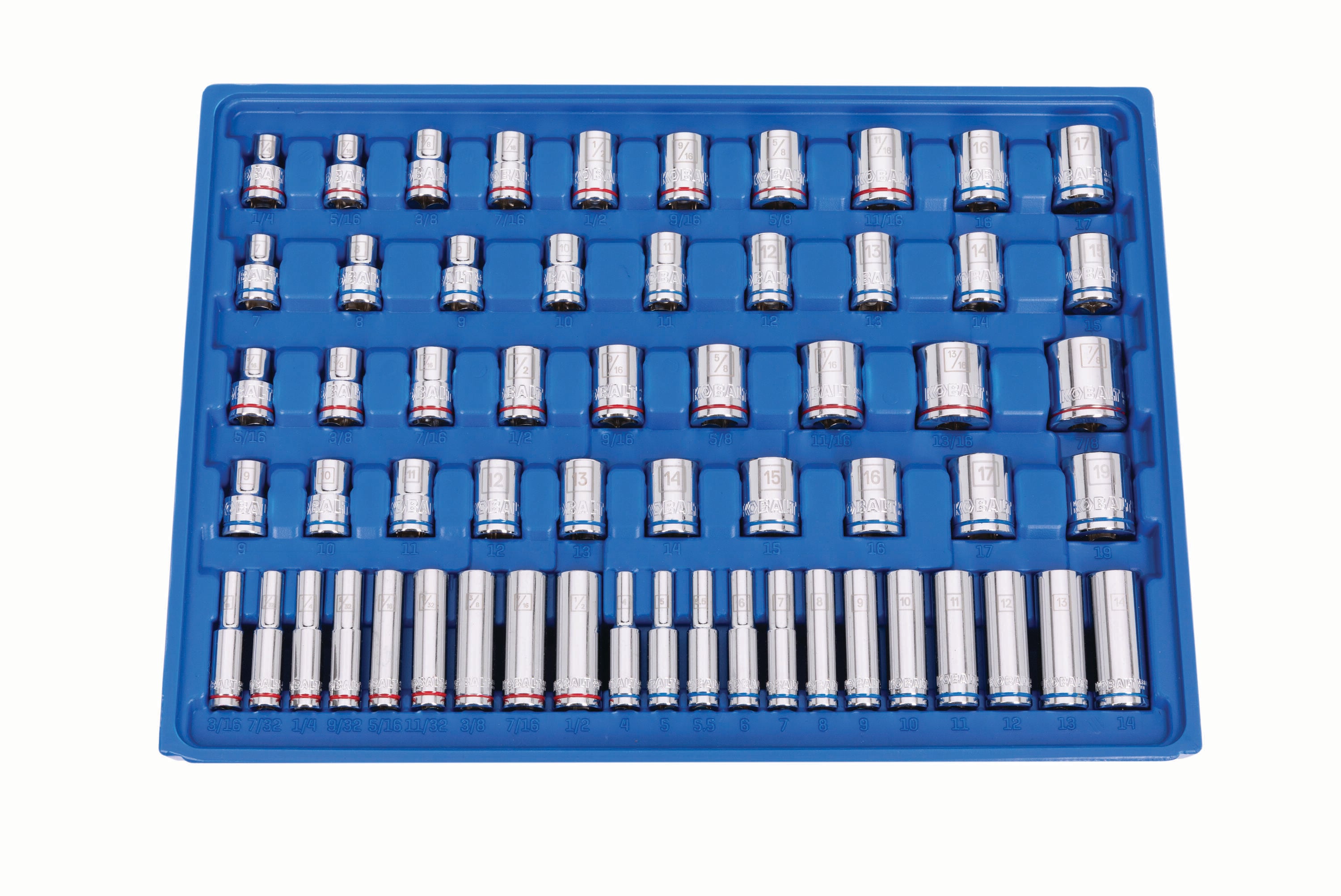 Juego de herramientas mecánicas estándar (SAE) y métricas de cromo pulido Kobalt de 297 piezas con estuche resistente 53414
