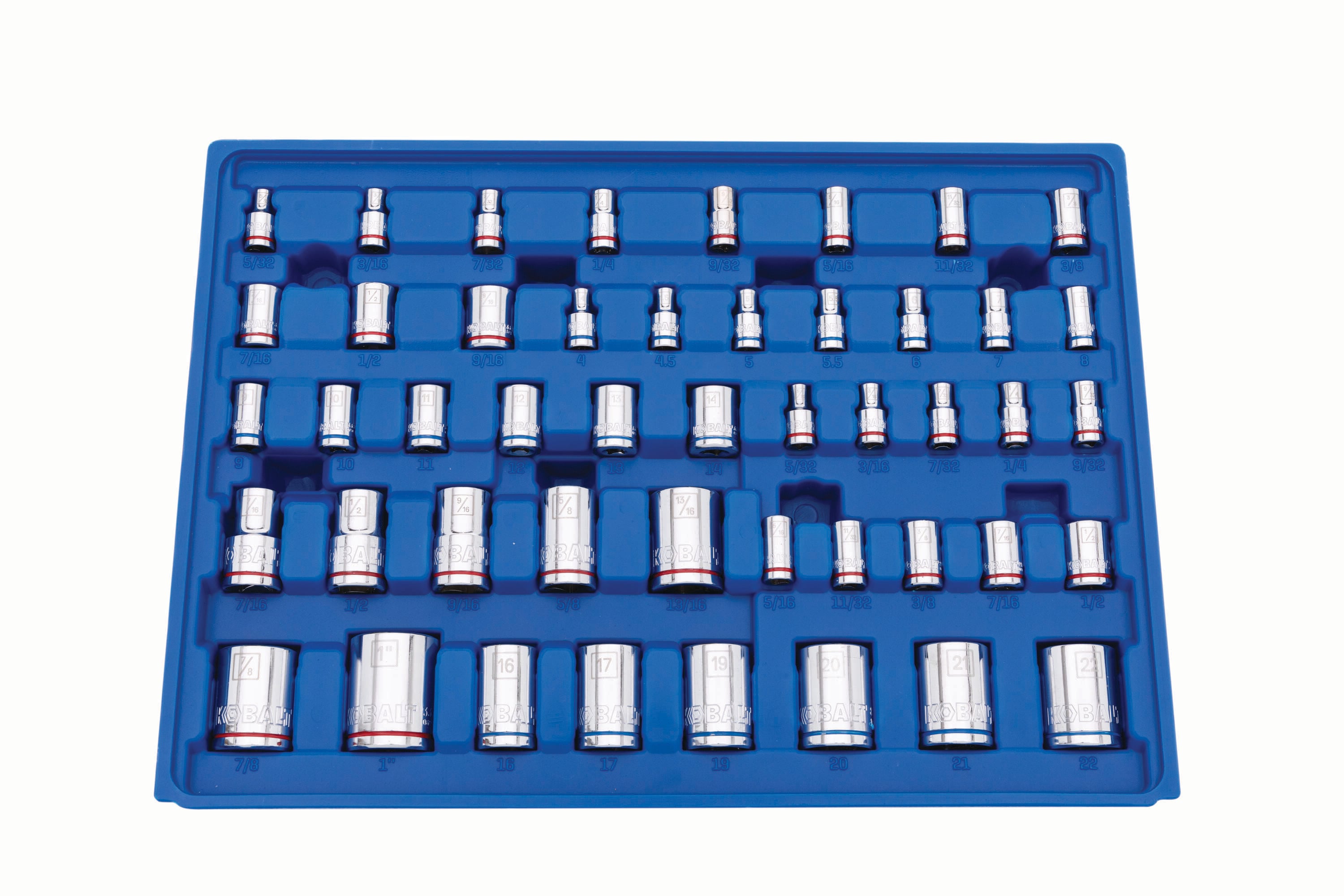 Juego de herramientas mecánicas estándar (SAE) y métricas de cromo pulido Kobalt de 297 piezas con estuche resistente 53414