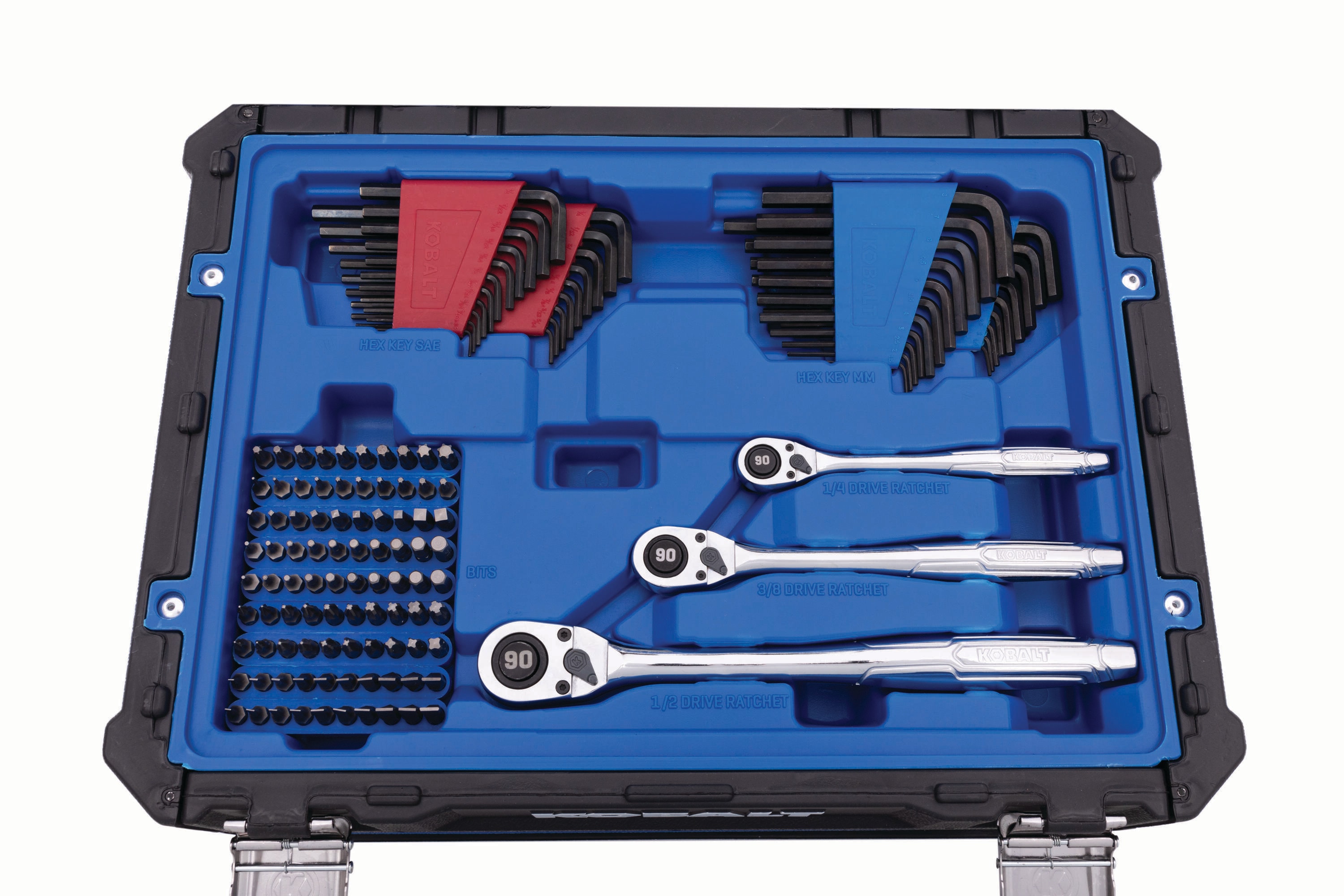 Juego de herramientas mecánicas estándar (SAE) y métricas de cromo pulido Kobalt de 297 piezas con estuche resistente 53414