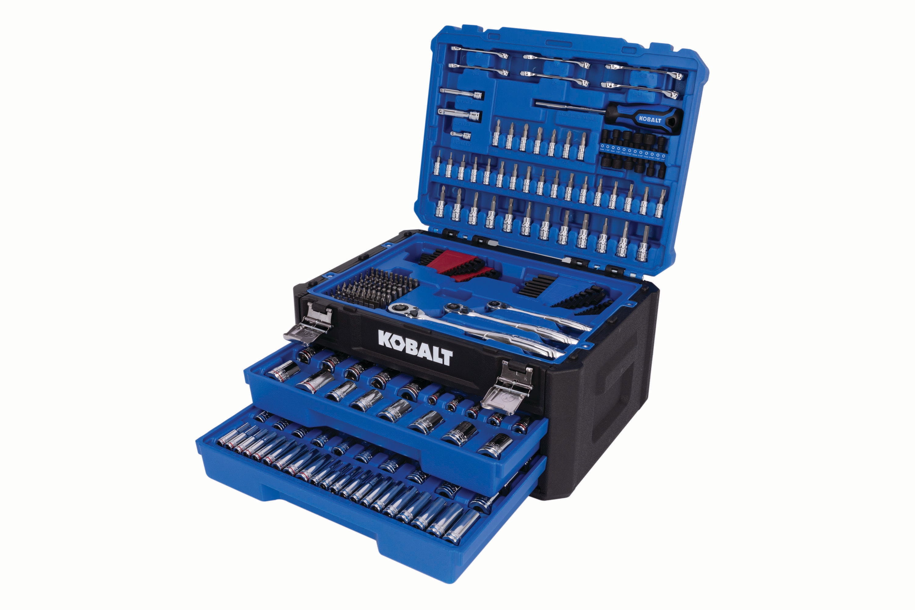 Juego de herramientas mecánicas estándar (SAE) y métricas de cromo pulido Kobalt de 297 piezas con estuche resistente 53414