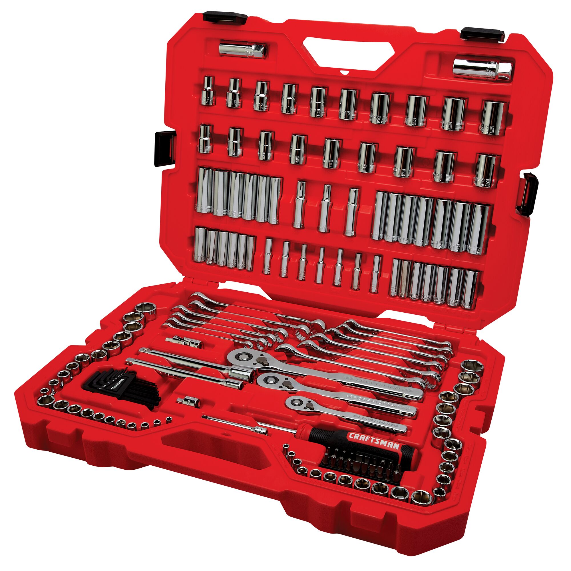 Juego de Herramientas Mecánicas de 159 piezas estándar (SAE) y métrico en cromo pulido con estuche resistente de CRAFTSMAN CMMT12125L.