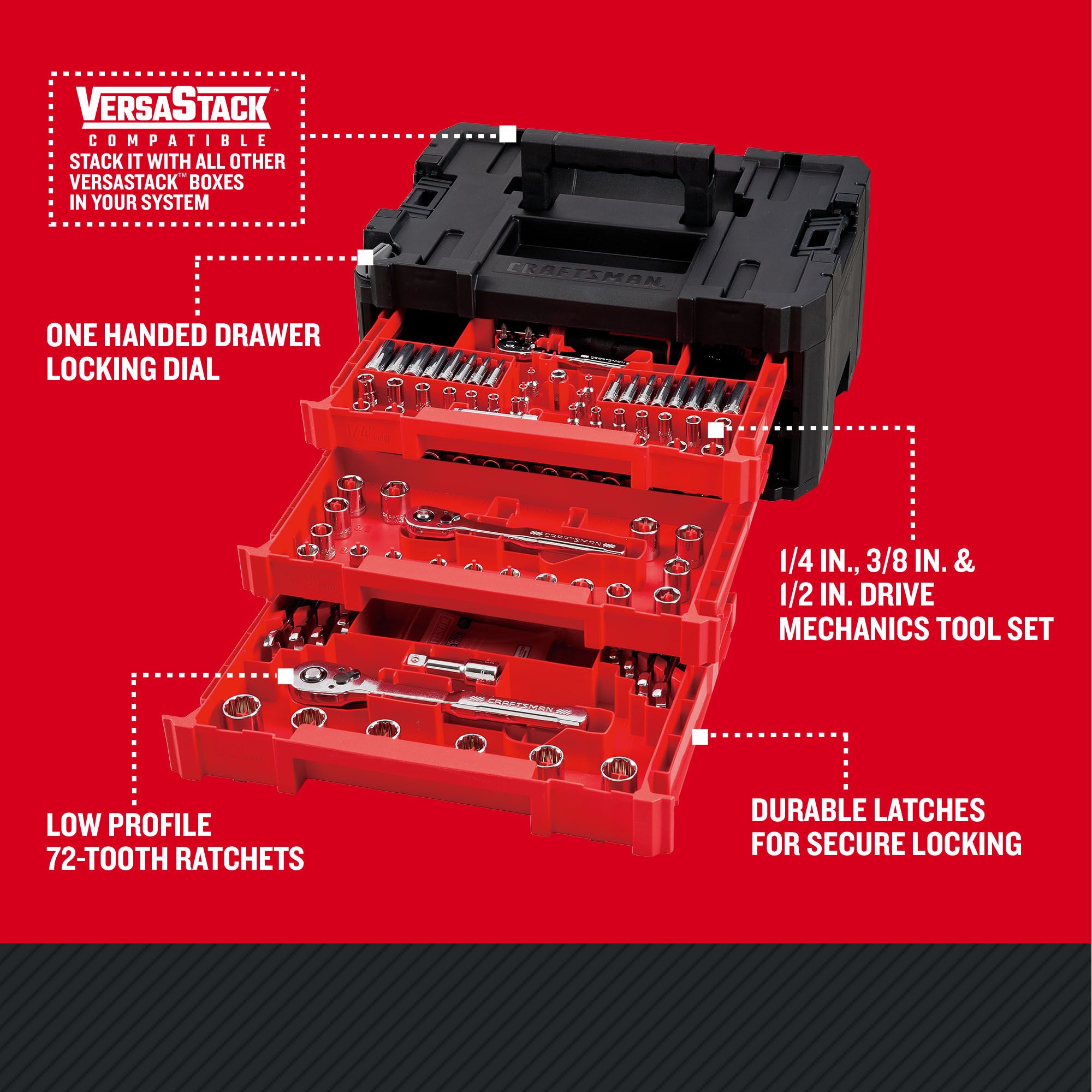 Juego de herramientas mecánicas CRAFTSMAN VERSASTACK de 230 piezas estándar (SAE) y métricas cromadas pulidas con estuche rígido - CMMT45306