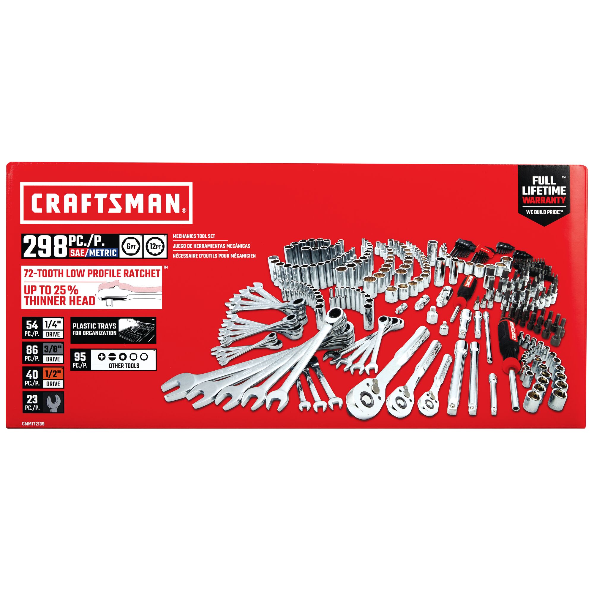 Set de herramientas para mecánicos de 298 piezas estándar y métricas en cromo pulido (sin estuche)