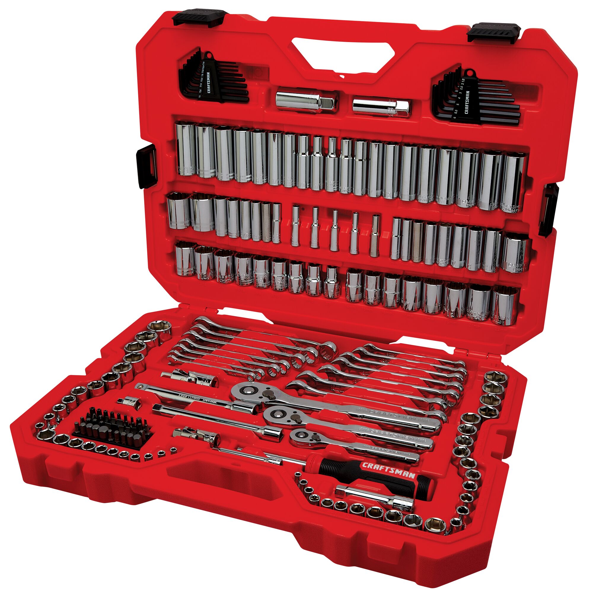 Set de herramientas mecánicas CRAFTSMAN de 189 piezas estándar (SAE) y métricas en cromo pulido con estuche resistente.