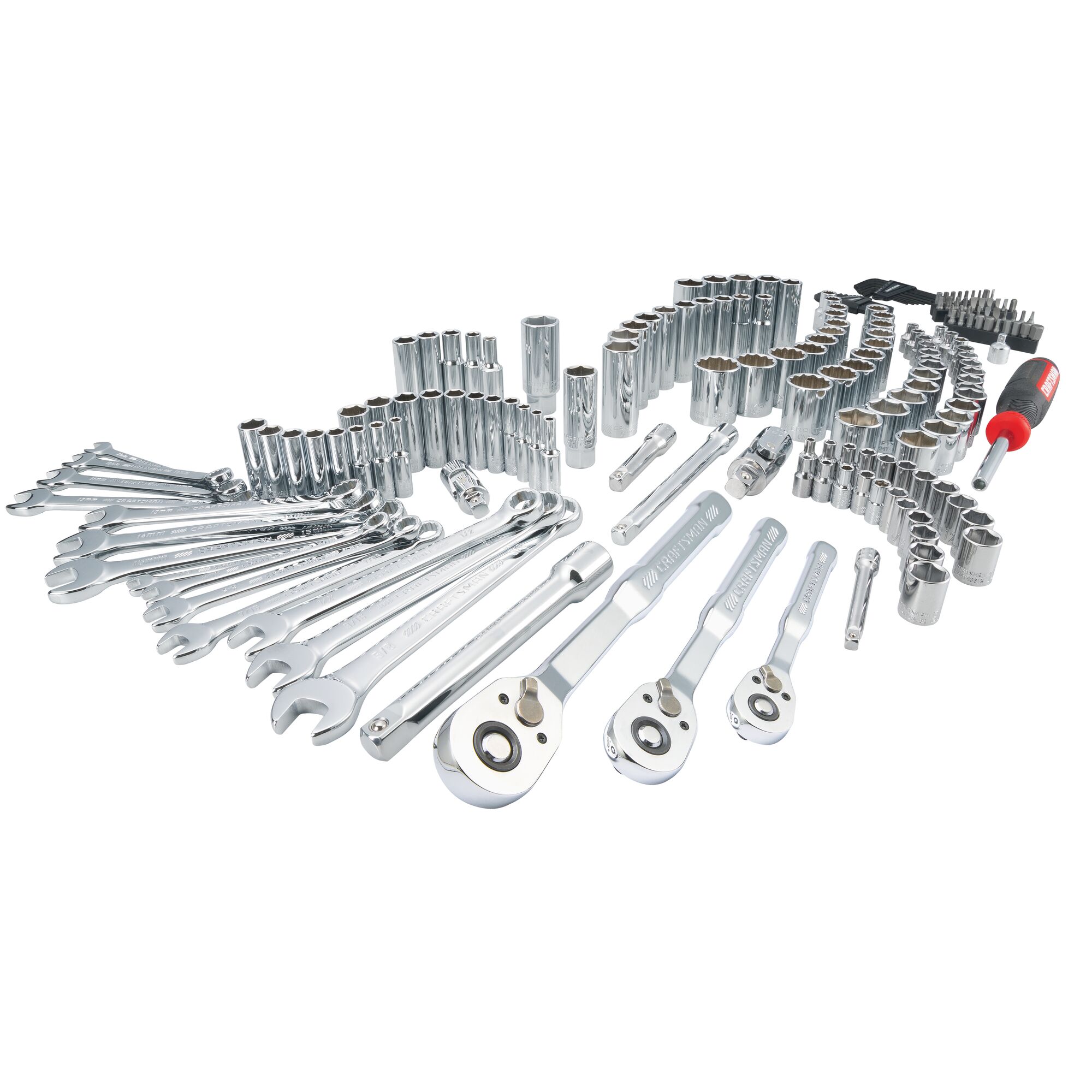 Set de herramientas mecánicas CRAFTSMAN de 189 piezas estándar (SAE) y métricas en cromo pulido con estuche resistente.