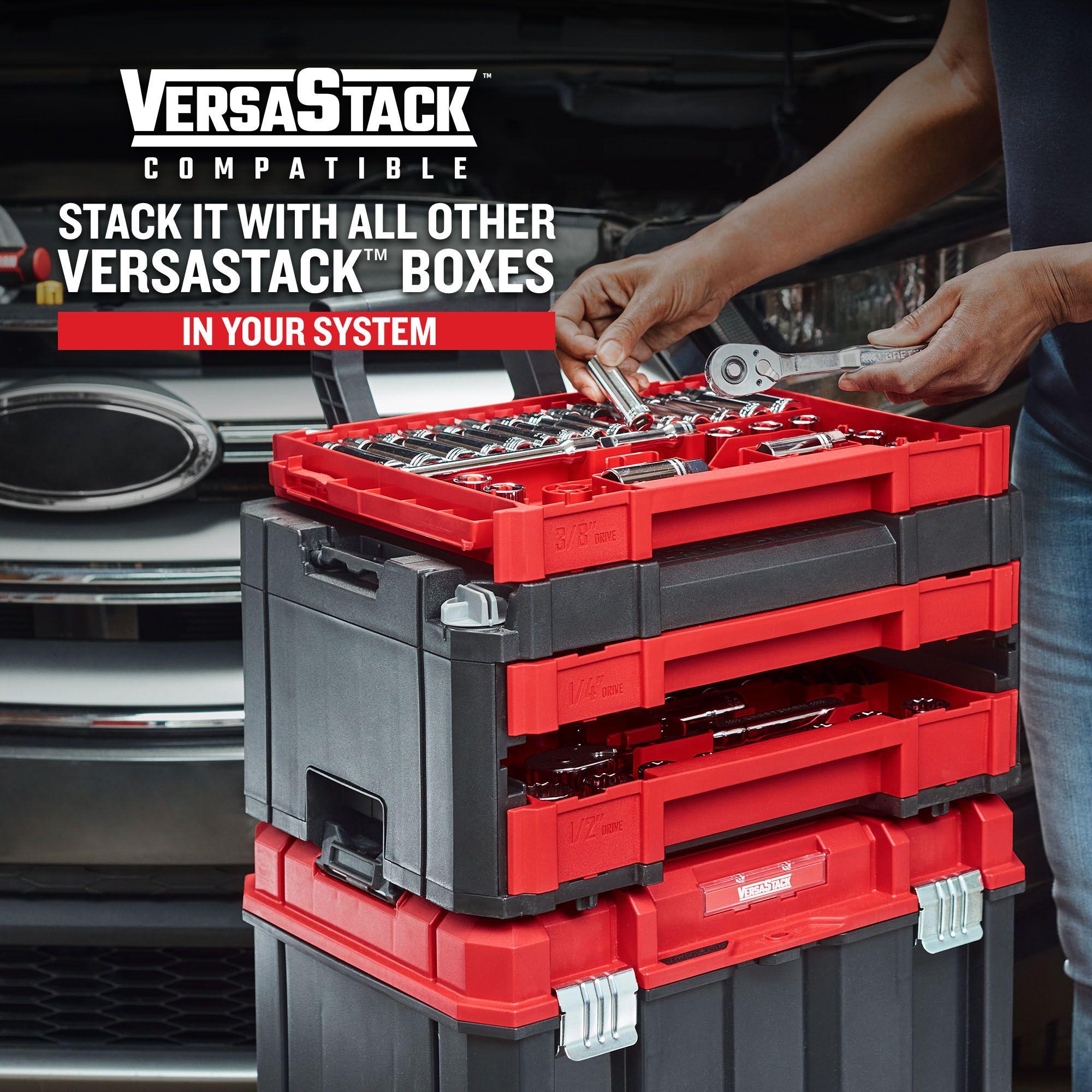 Juego de herramientas mecánicas CRAFTSMAN VERSASTACK de 262 piezas en acabado cromado pulido estándar (SAE) y métrico con estuche resistente