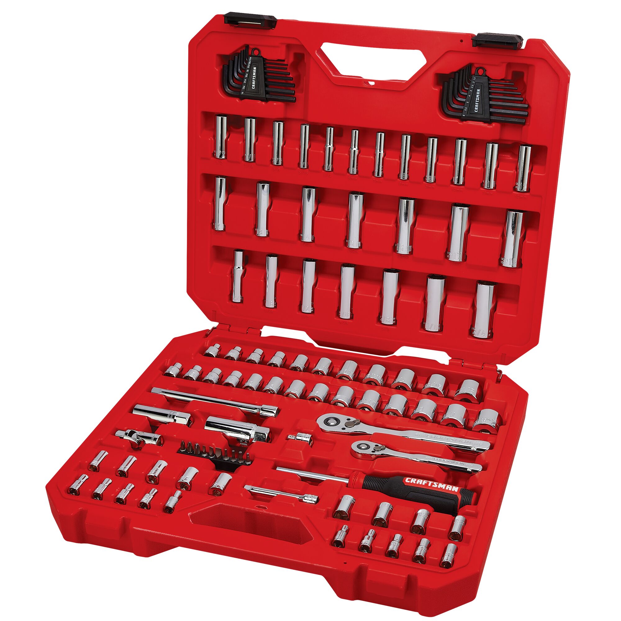 Juego de herramientas mecánicas CRAFTSMAN de 105 piezas estándar (SAE) y métricas en cromo pulido con estuche resistente.
