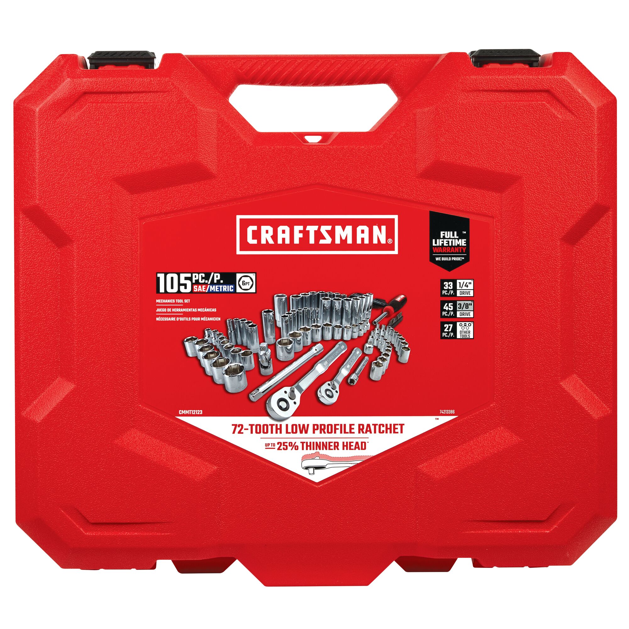 Juego de herramientas mecánicas CRAFTSMAN de 105 piezas estándar (SAE) y métricas en cromo pulido con estuche resistente.