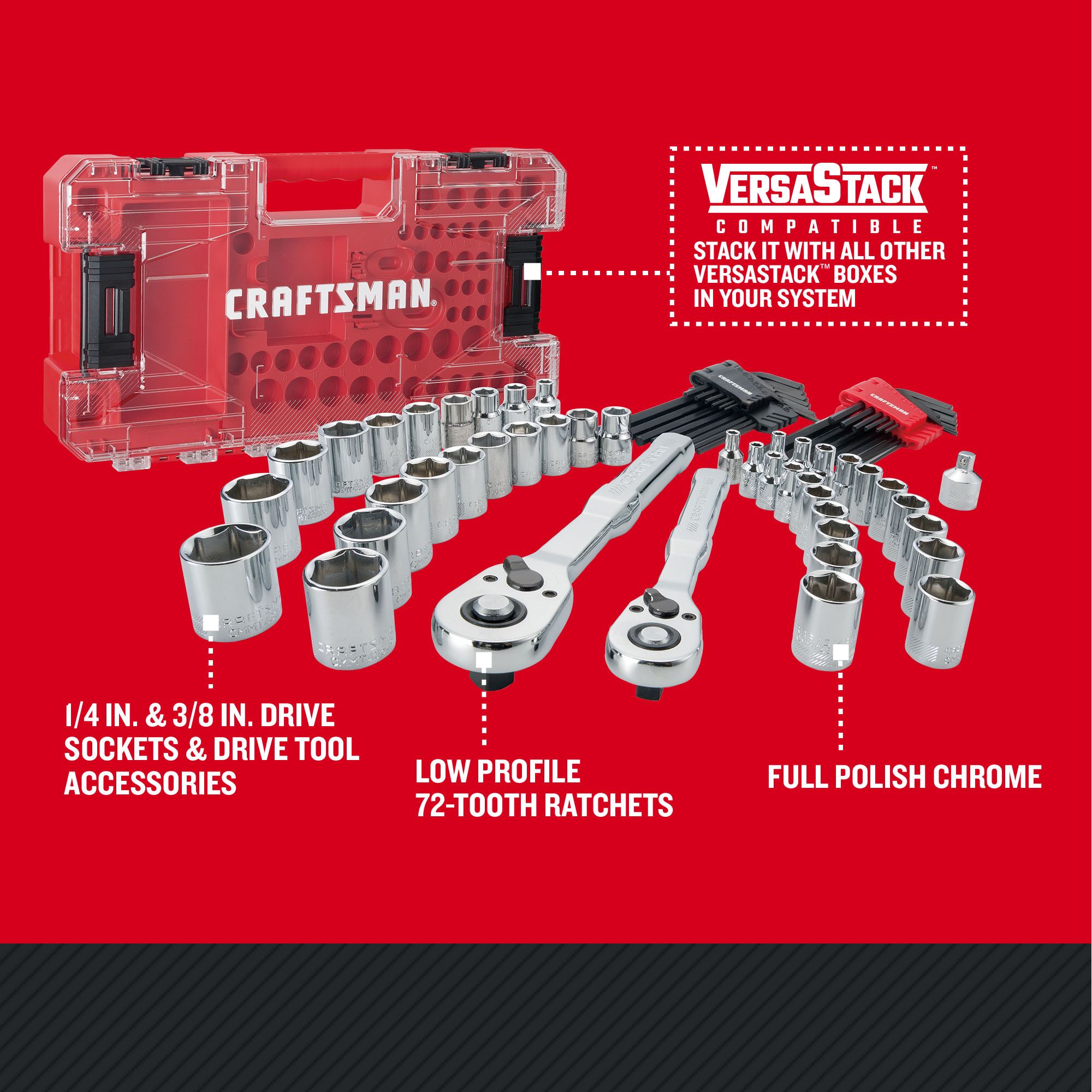 Set de herramientas mecánicas de 71 piezas en cromo pulido estándar (SAE) y métrico, con maletín resistente VERSASTACK de CRAFTSMAN CMMT45171.
