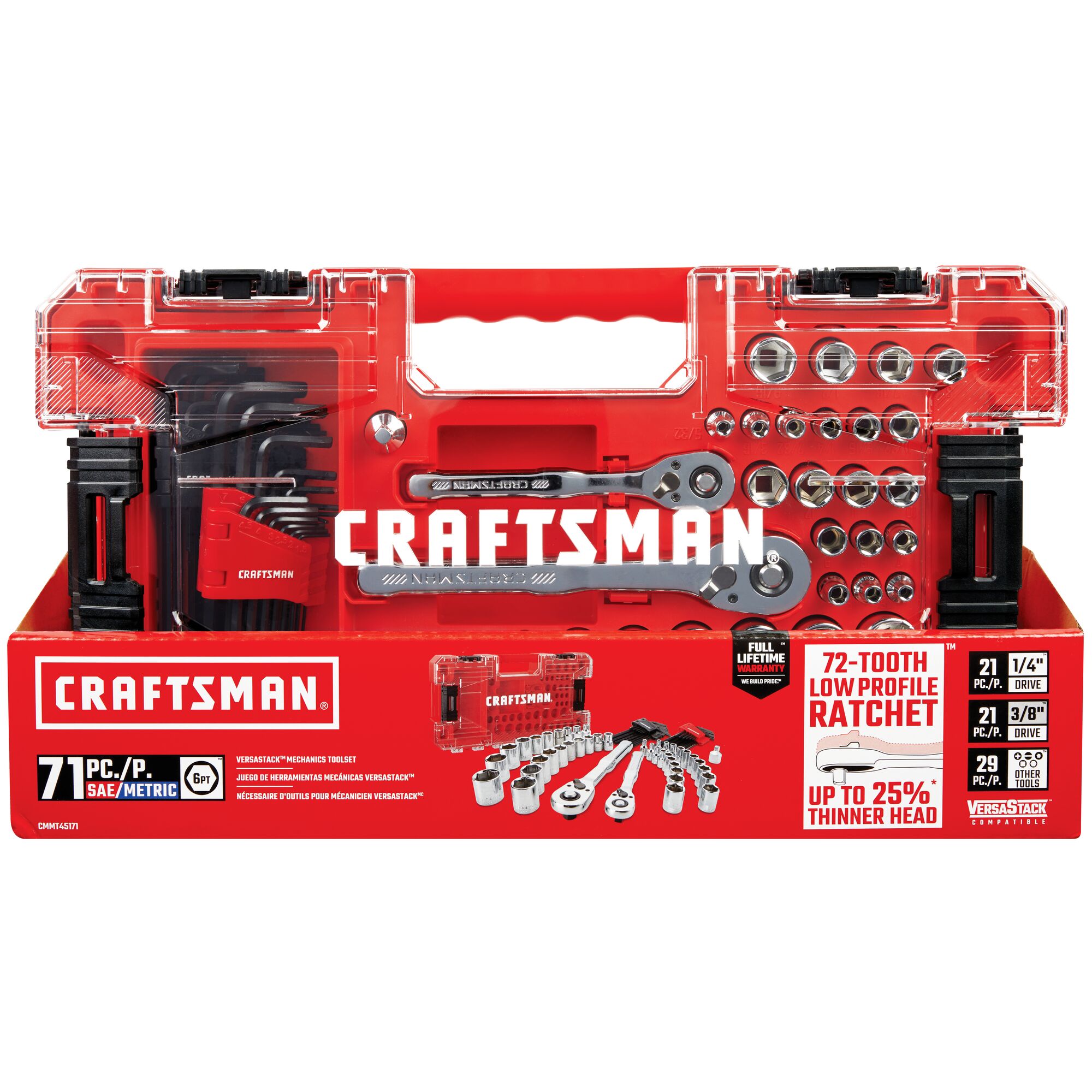 Set de herramientas mecánicas de 71 piezas en cromo pulido estándar (SAE) y métrico, con maletín resistente VERSASTACK de CRAFTSMAN CMMT45171.