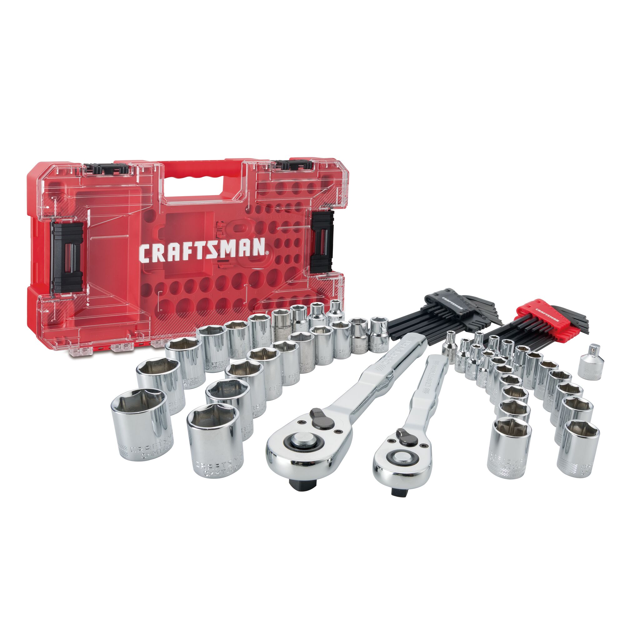 Set de herramientas mecánicas de 71 piezas en cromo pulido estándar (SAE) y métrico, con maletín resistente VERSASTACK de CRAFTSMAN CMMT45171.