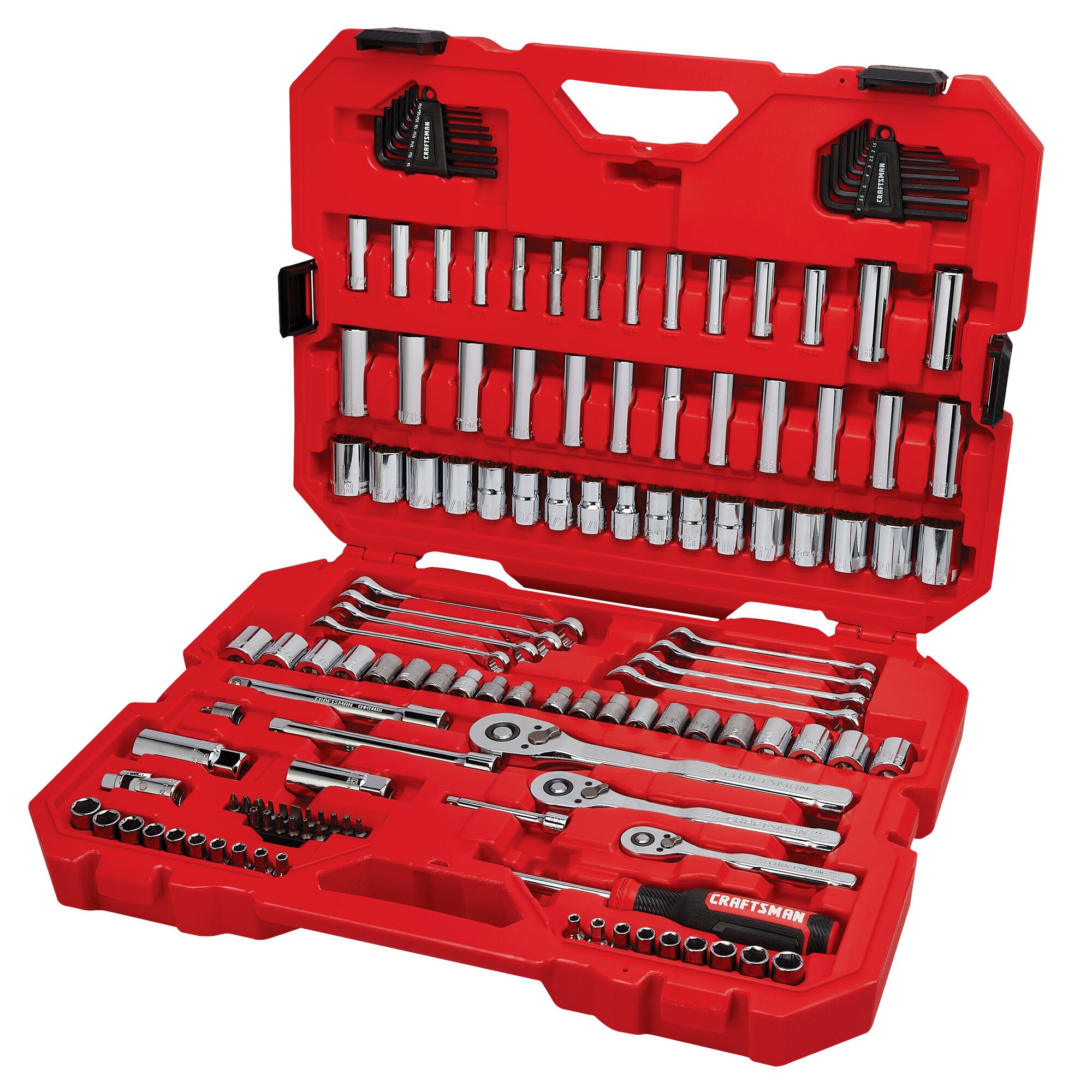 Juego de herramientas mecánicas estándar (SAE) y métricas de cromo pulido de 135 piezas de CRAFTSMAN con estuche resistente CMMT12124L
