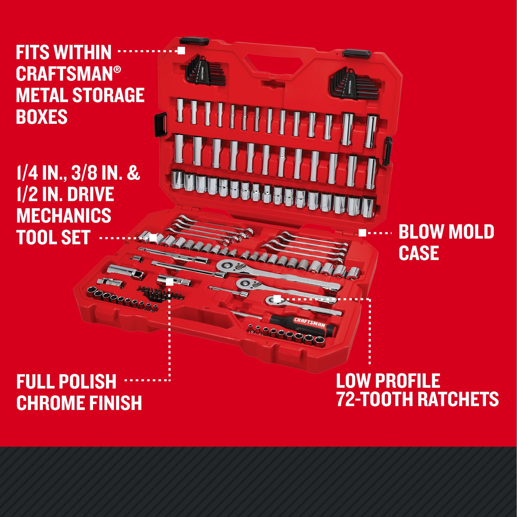 Juego de herramientas mecánicas estándar (SAE) y métricas de cromo pulido de 135 piezas de CRAFTSMAN con estuche resistente CMMT12124L
