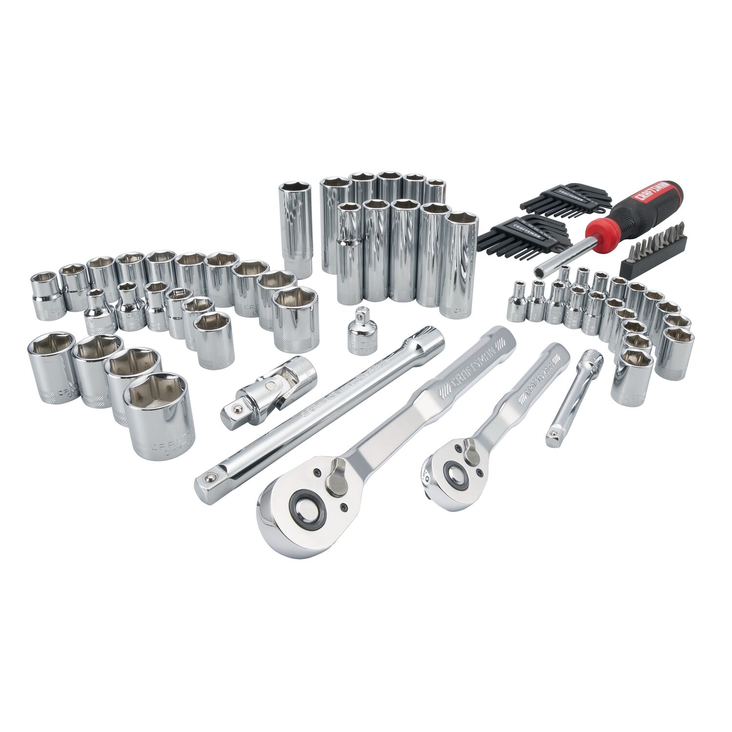 Set de herramientas mecánicas estándar (SAE) y métricas de cromo pulido de 83 piezas con estuche resistente.