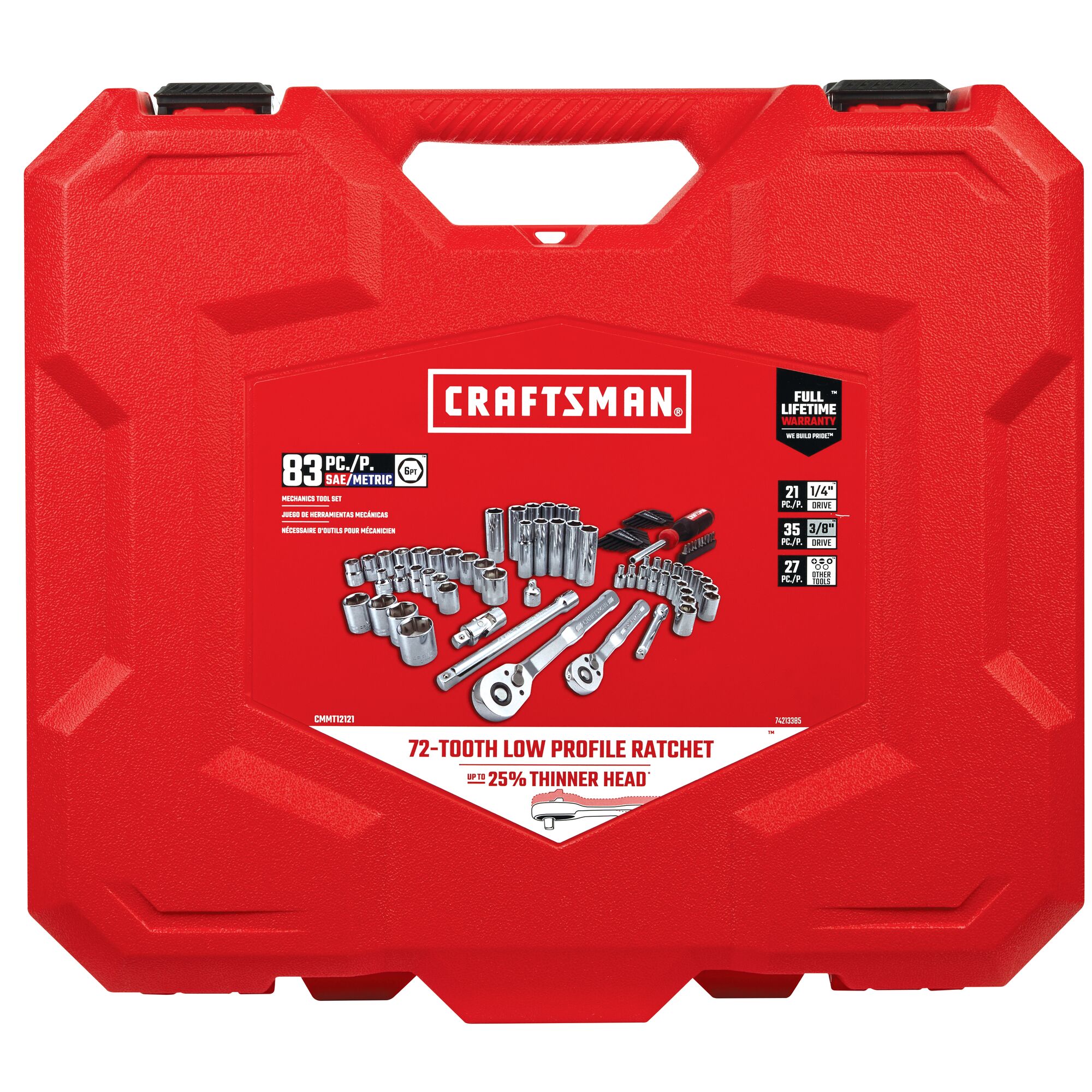Set de herramientas mecánicas estándar (SAE) y métricas de cromo pulido de 83 piezas con estuche resistente.