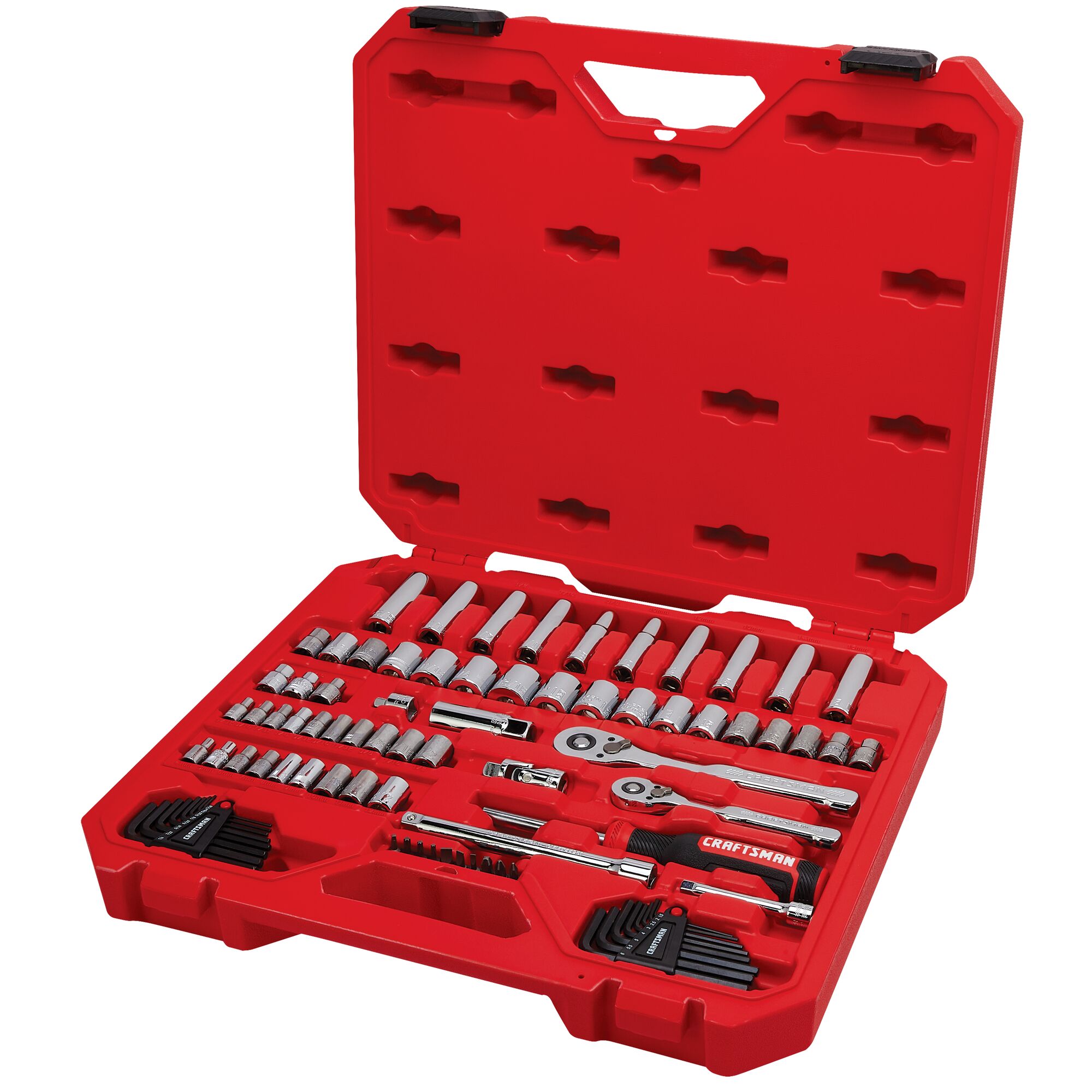 Set de herramientas mecánicas estándar (SAE) y métricas de cromo pulido de 83 piezas con estuche resistente.