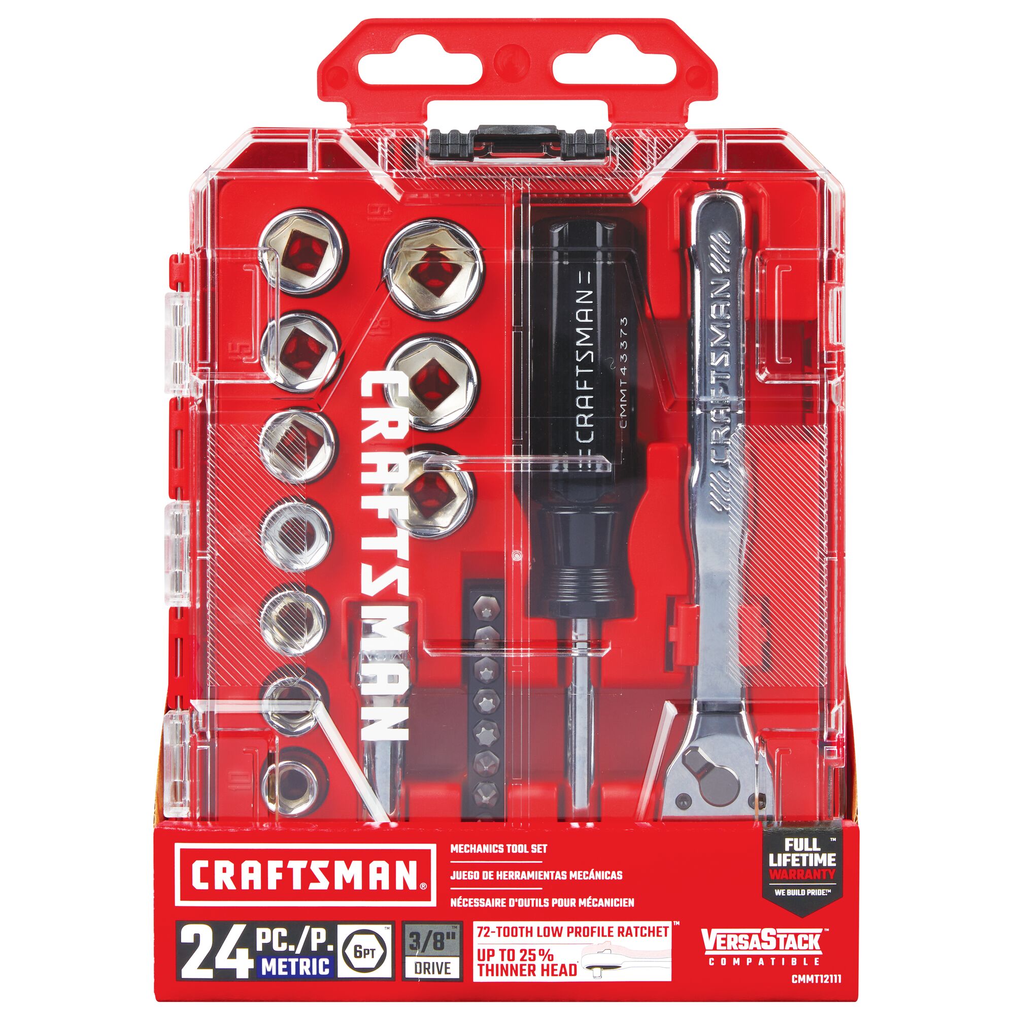 Juego de herramientas mecánicas CRAFTSMAN VERSASTACK de 24 piezas en métrico cromado pulido con estuche resistente - CMMT12111