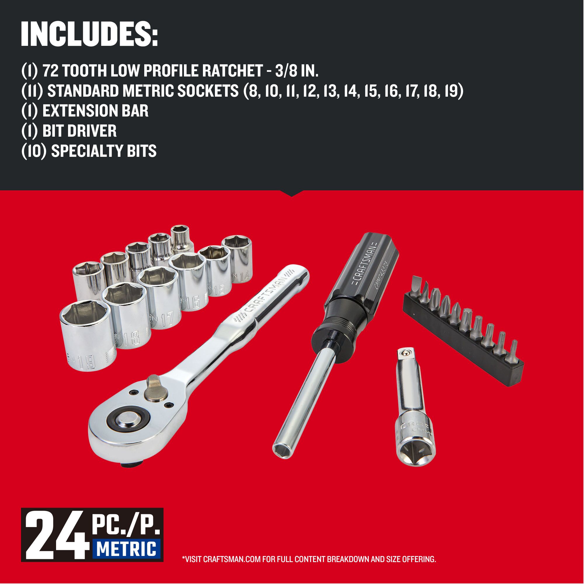 Juego de herramientas mecánicas CRAFTSMAN VERSASTACK de 24 piezas en métrico cromado pulido con estuche resistente - CMMT12111