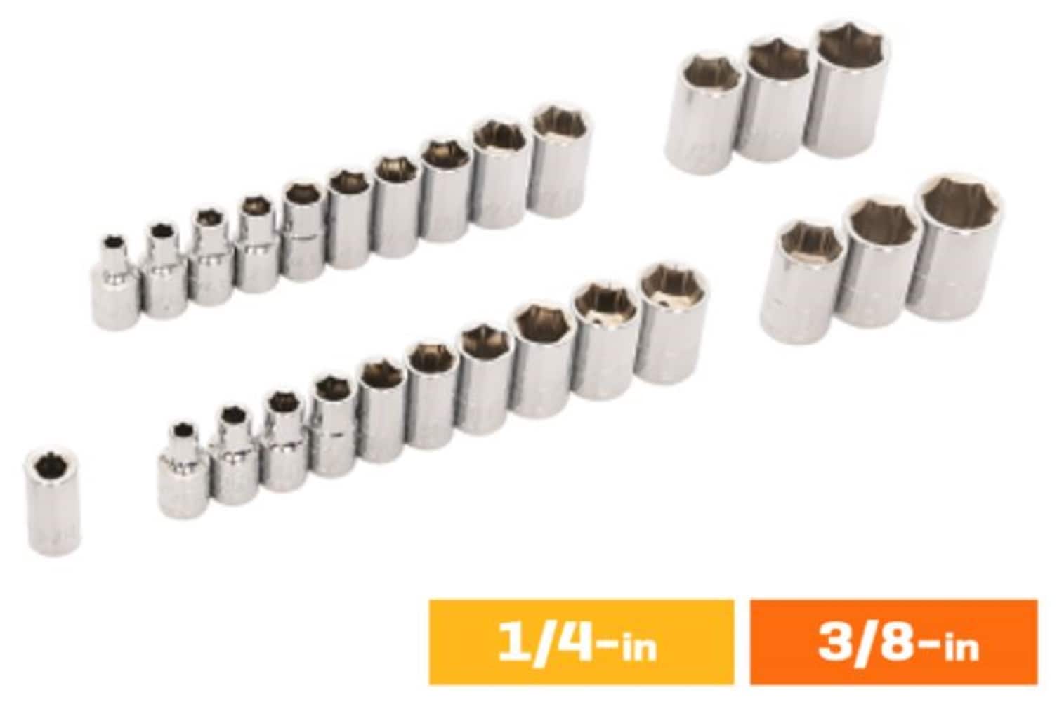 Juego de herramientas mecánicas Kobalt Stubby de 50 piezas estándar (SAE) y métricas en cromo pulido con estuche resistente 53341