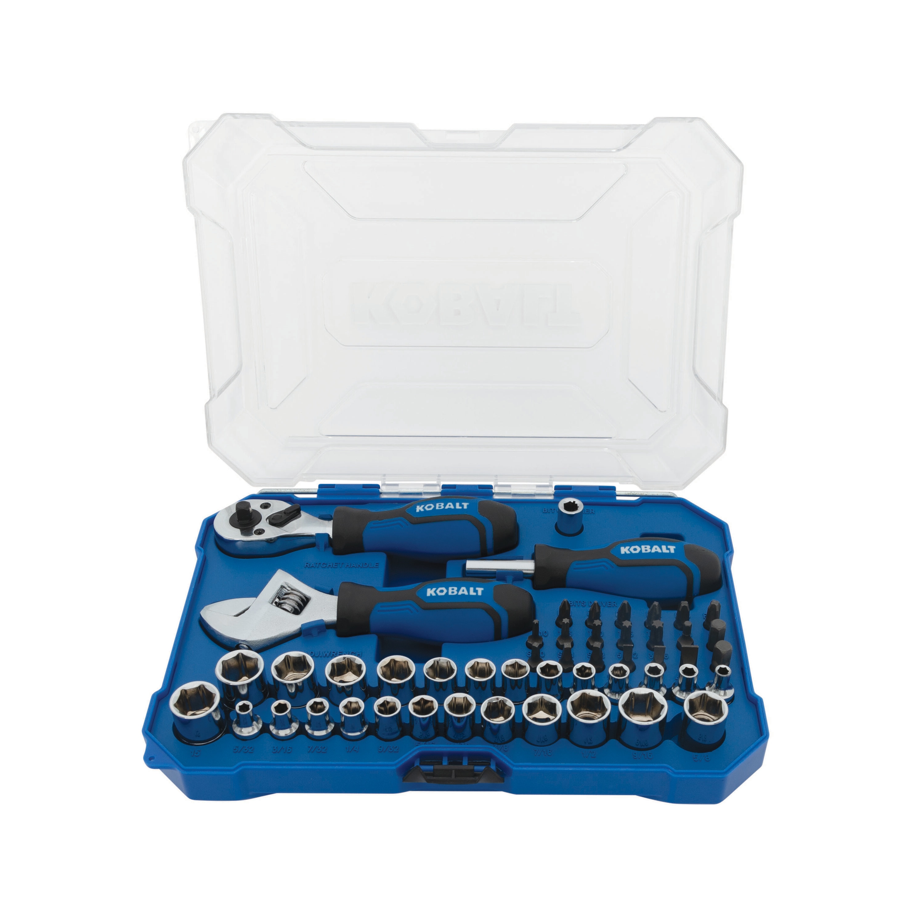 Juego de herramientas mecánicas Kobalt Stubby de 50 piezas estándar (SAE) y métricas en cromo pulido con estuche resistente 53341