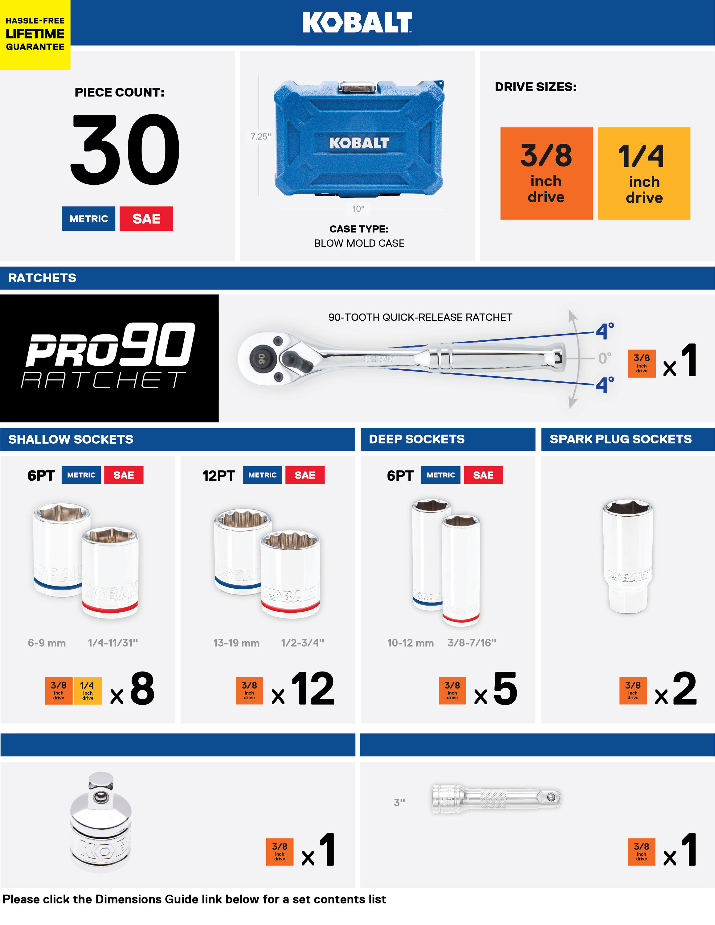 Set de herramientas mecánicas de 30 piezas estándar (SAE) y métrico de cromo pulido con estuche resistente.