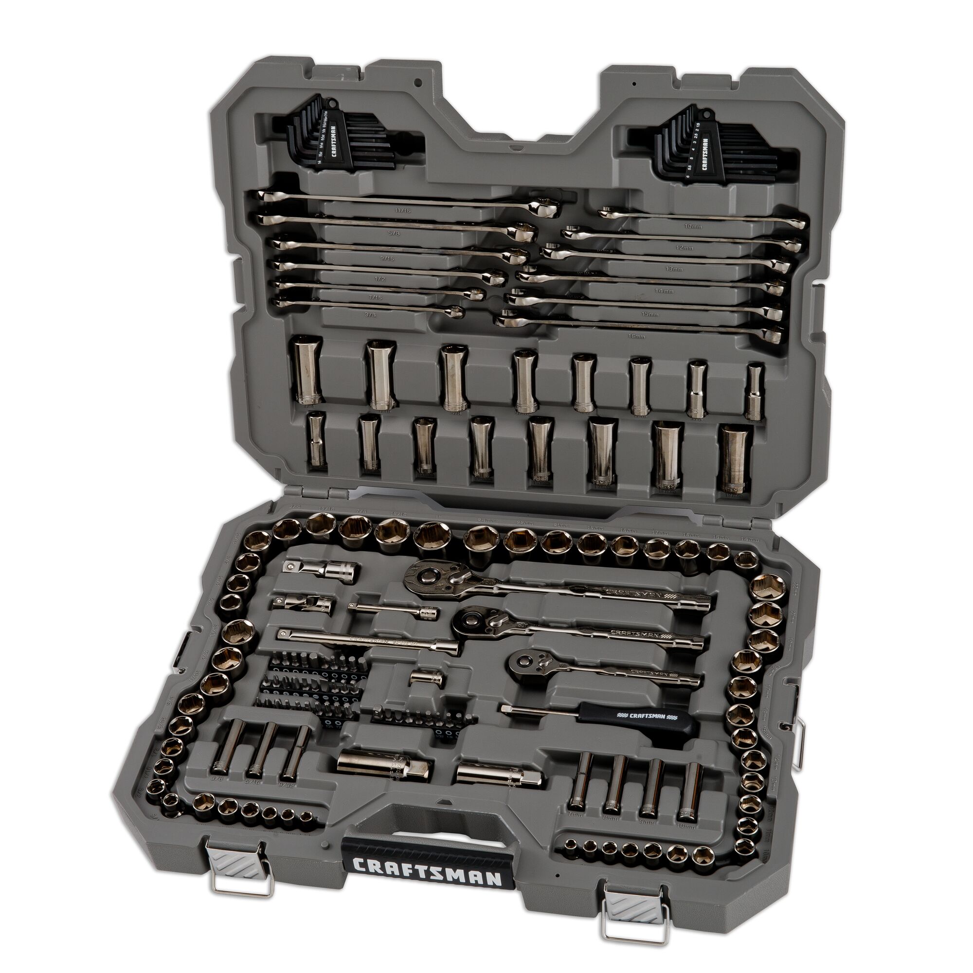 Juego de herramientas para mecánicos CRAFTSMAN OVERDRIVE de 154 piezas en acabado cromo gunmetal estándar y métrico con estuche resistente - Modelo CMMT99154L