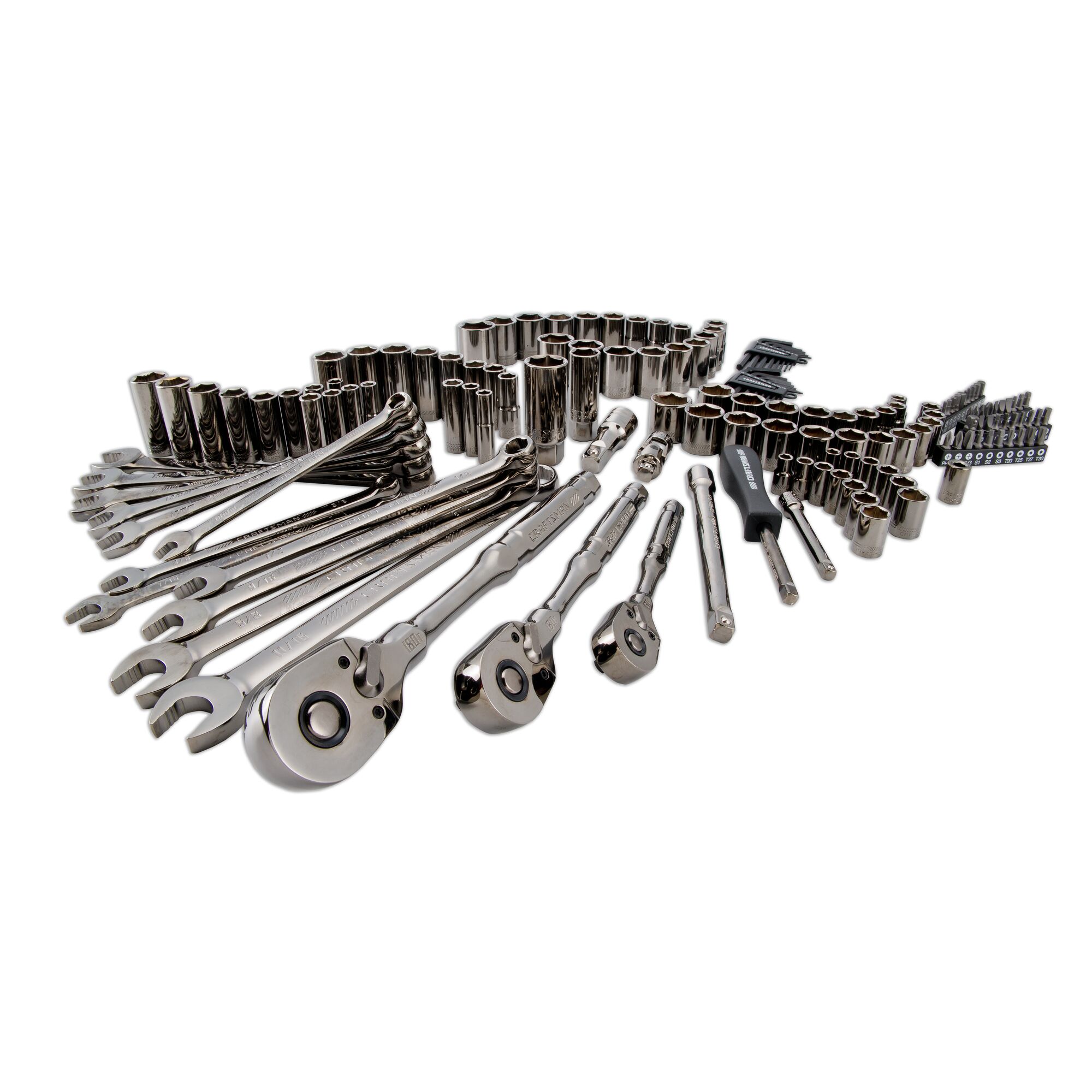 Juego de herramientas para mecánicos CRAFTSMAN OVERDRIVE de 154 piezas en acabado cromo gunmetal estándar y métrico con estuche resistente - Modelo CMMT99154L
