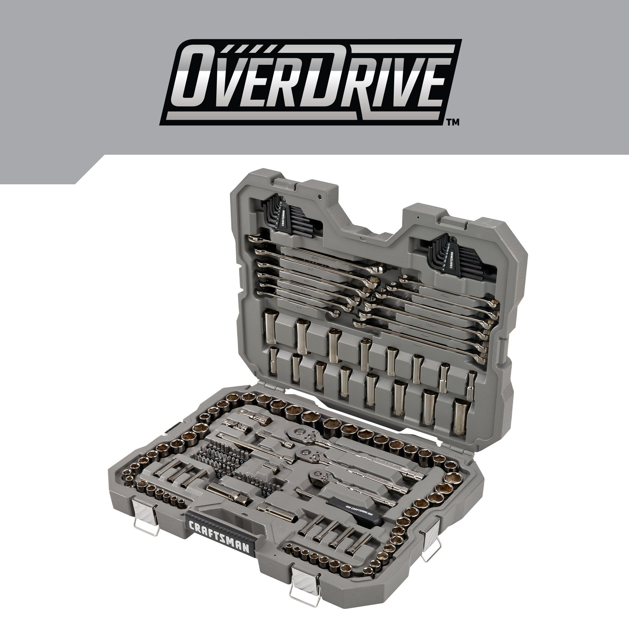 Juego de herramientas para mecánicos CRAFTSMAN OVERDRIVE de 154 piezas en acabado cromo gunmetal estándar y métrico con estuche resistente - Modelo CMMT99154L