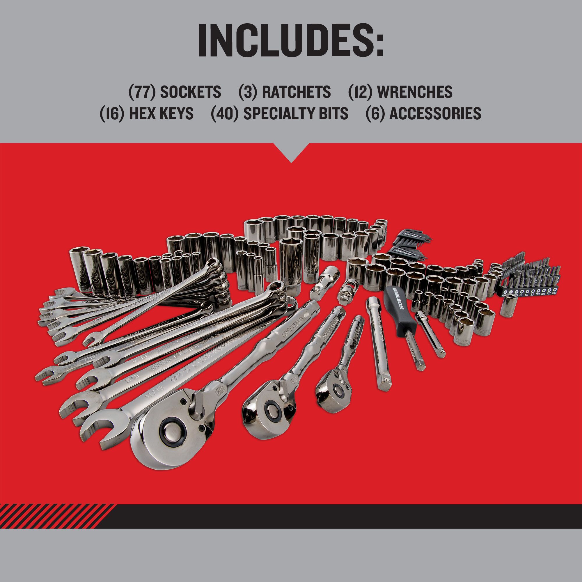 Juego de herramientas para mecánicos CRAFTSMAN OVERDRIVE de 154 piezas en acabado cromo gunmetal estándar y métrico con estuche resistente - Modelo CMMT99154L