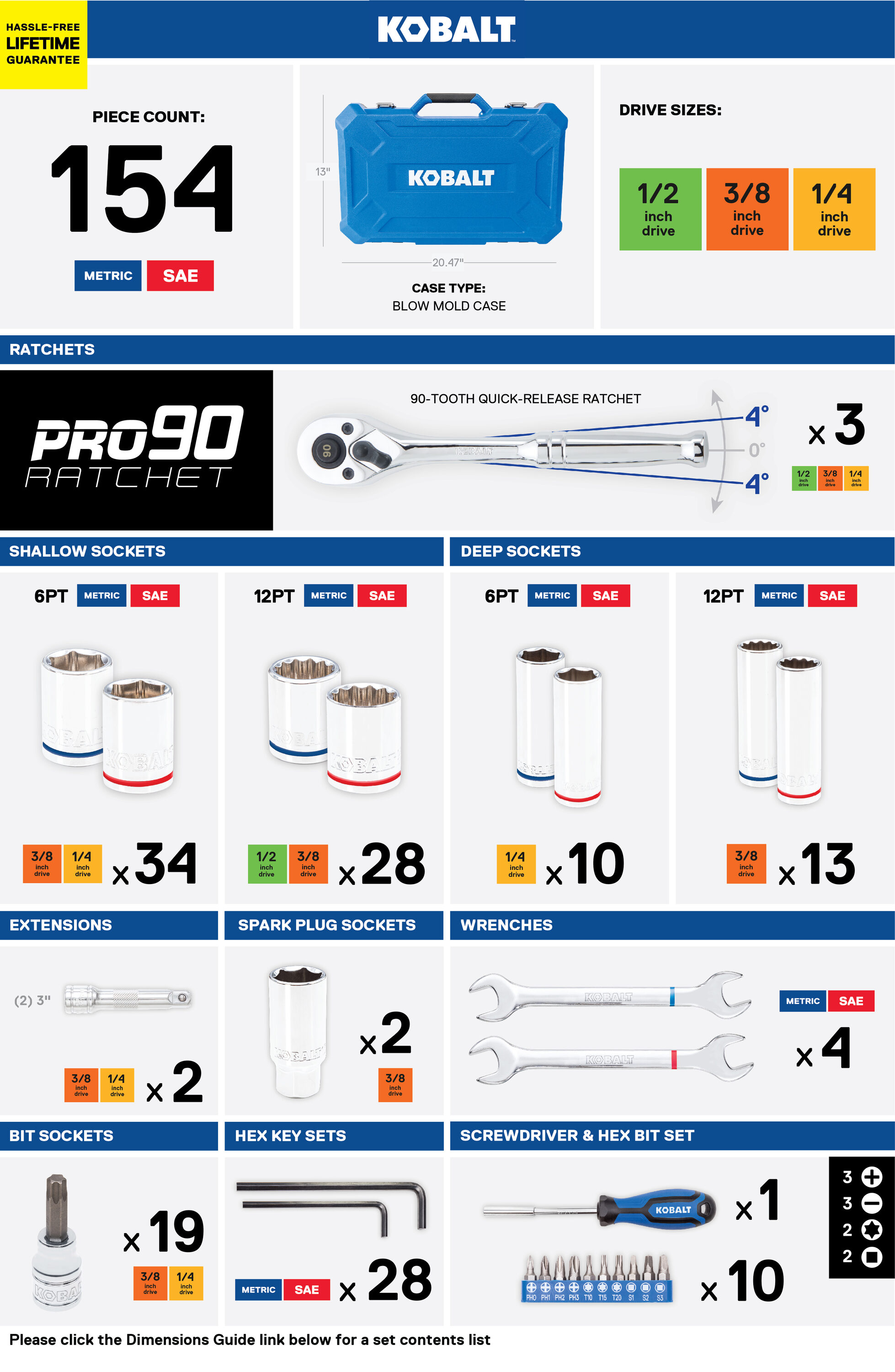 Set de herramientas mecánicas Kobalt de 154 piezas estándar (SAE) y métricas en cromo pulido con estuche resistente 86755