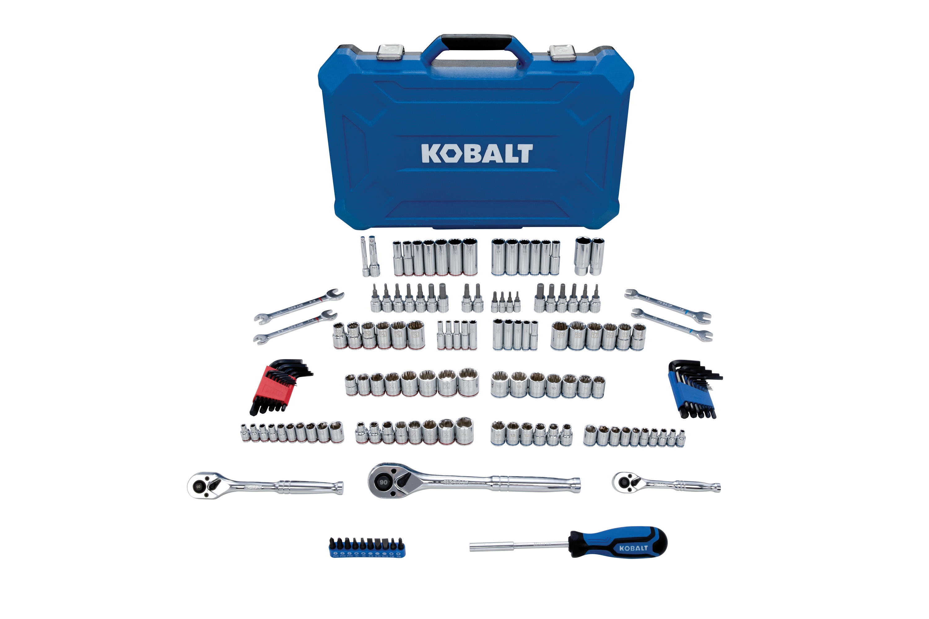Set de herramientas mecánicas Kobalt de 154 piezas estándar (SAE) y métricas en cromo pulido con estuche resistente 86755