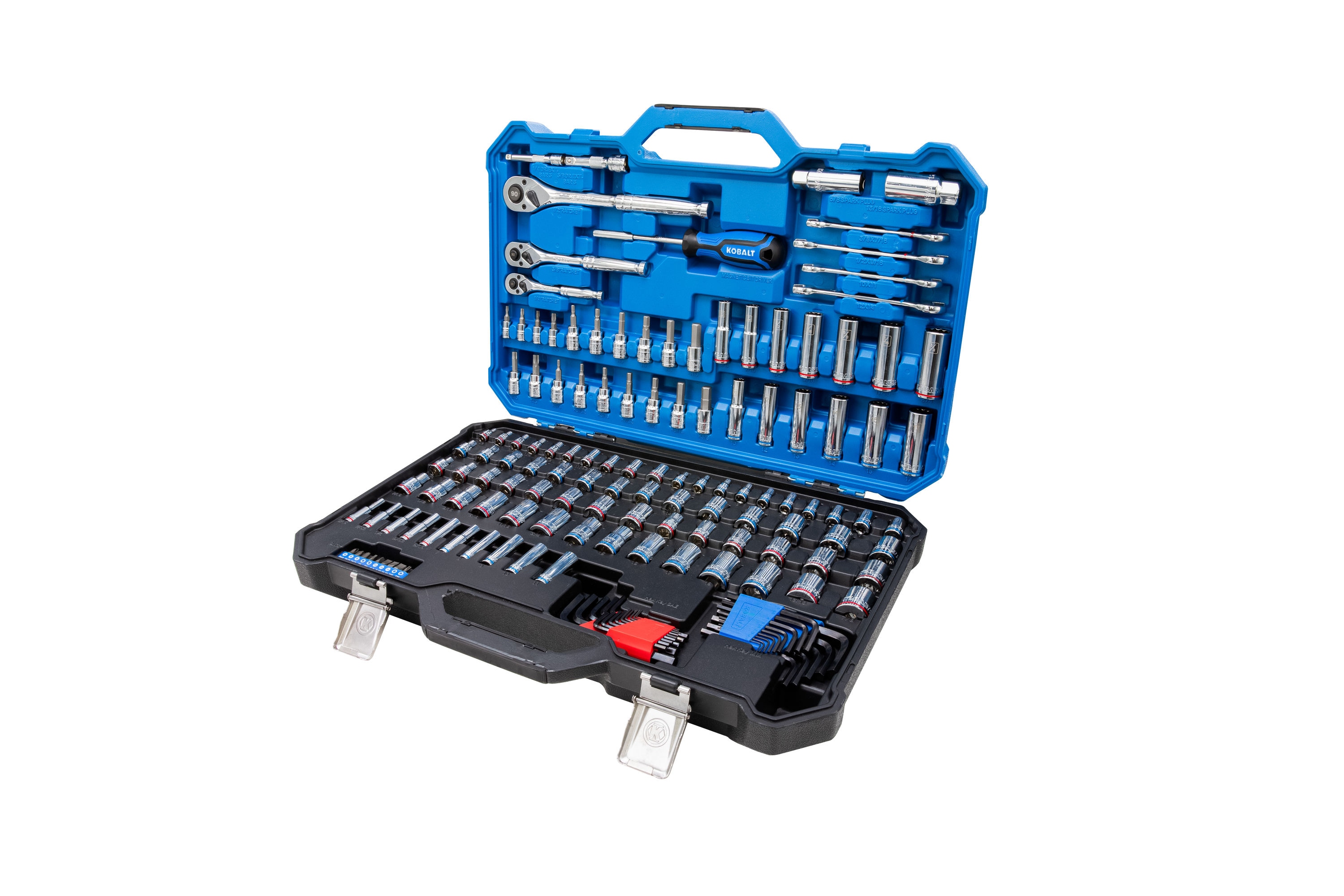 Set de herramientas mecánicas Kobalt de 154 piezas estándar (SAE) y métricas en cromo pulido con estuche resistente 86755