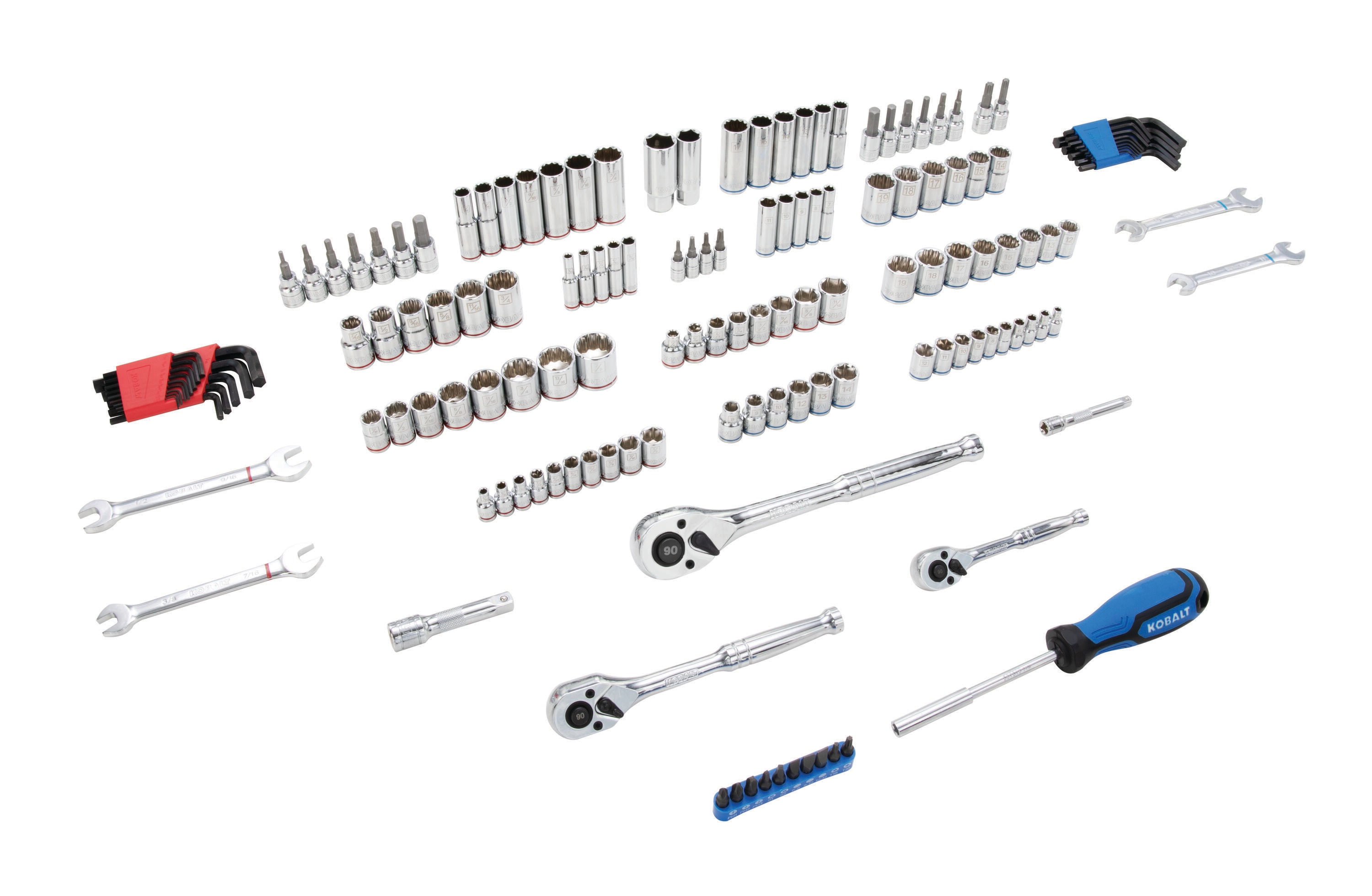 Set de herramientas mecánicas Kobalt de 154 piezas estándar (SAE) y métricas en cromo pulido con estuche resistente 86755