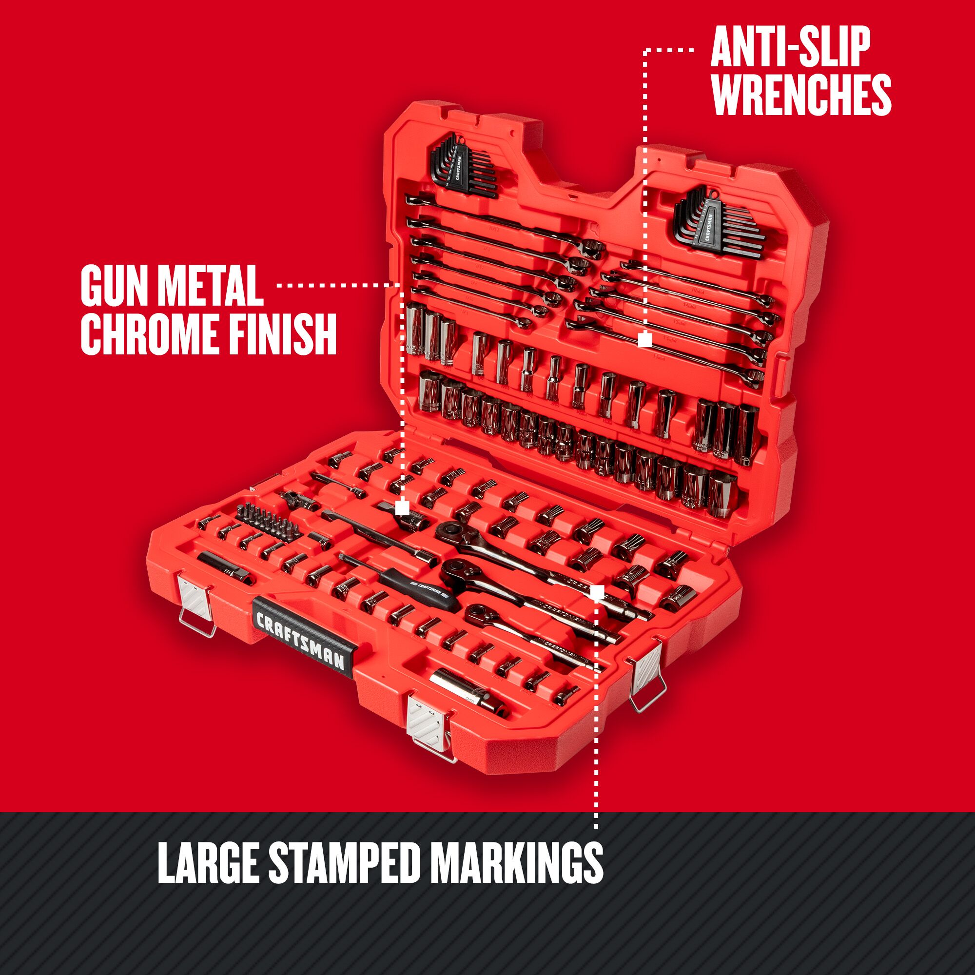 Set de herramientas mecánicas CRAFTSMAN de 121 piezas en cromo gunmetal estándar (SAE) y métricas con estuche resistente.
